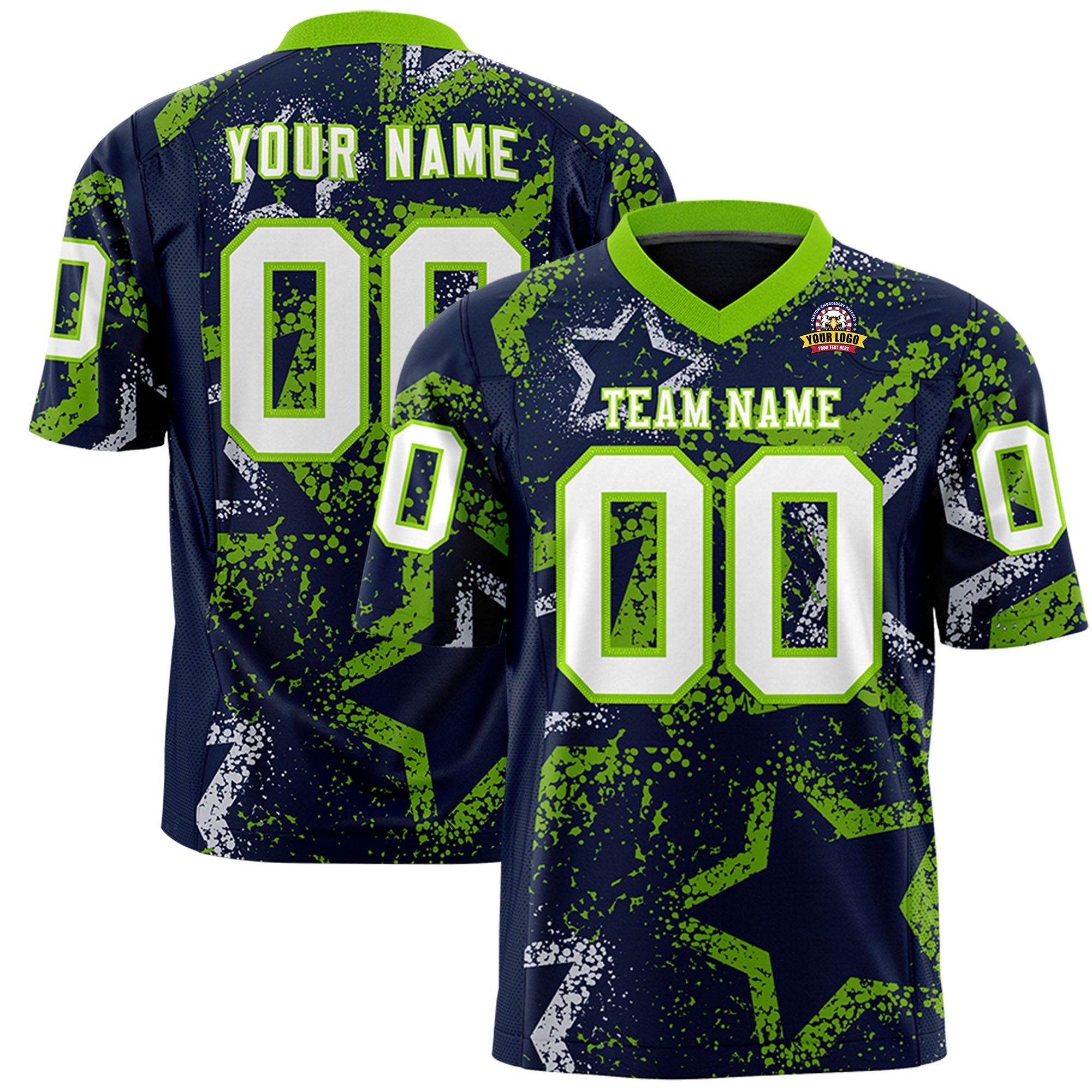 Custom Navy Neon Green-White Personalized Star Graffiti Pattern Authentic Football Jersey