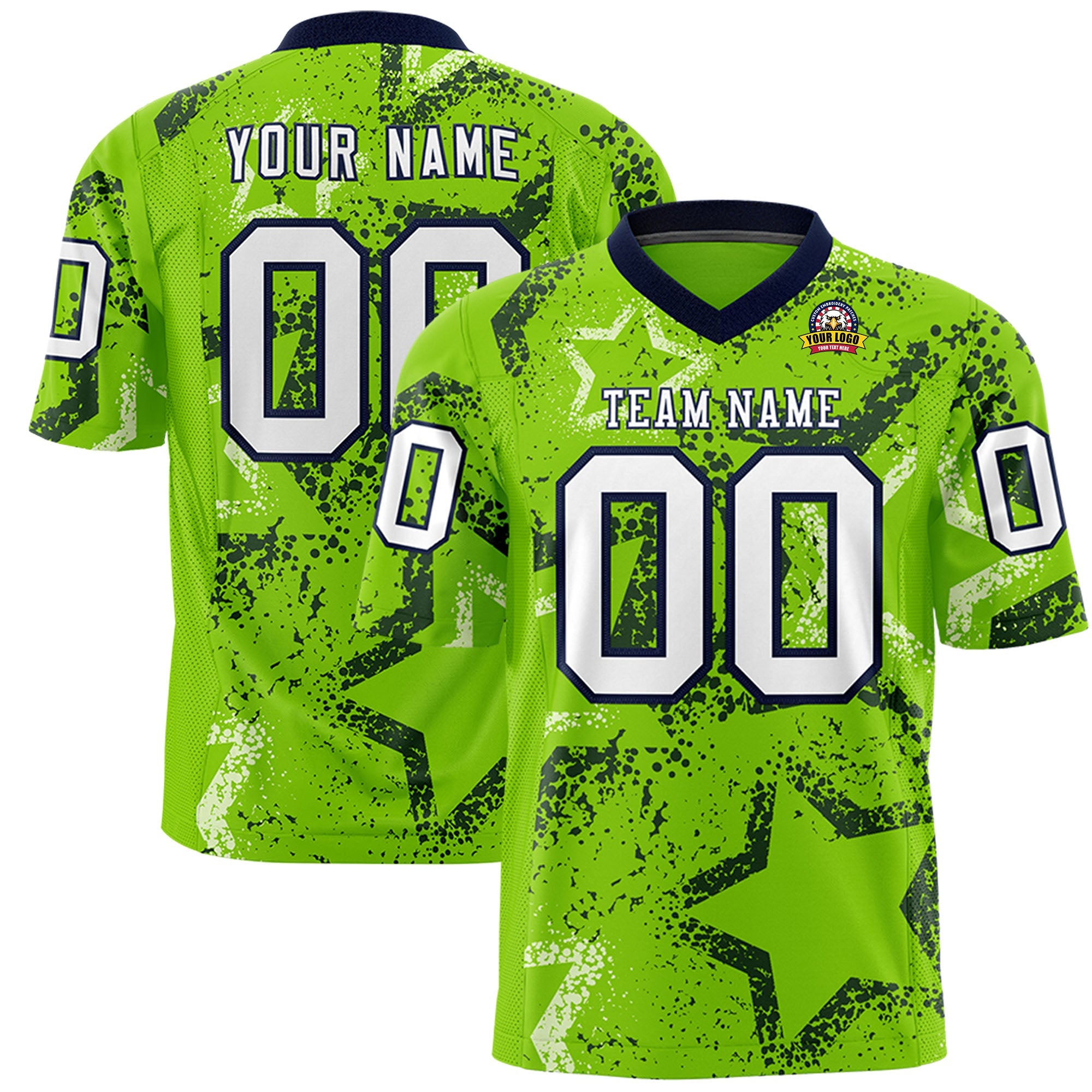 Custom Neon Green Navy-White Personalized Star Graffiti Pattern Authentic Football Jersey