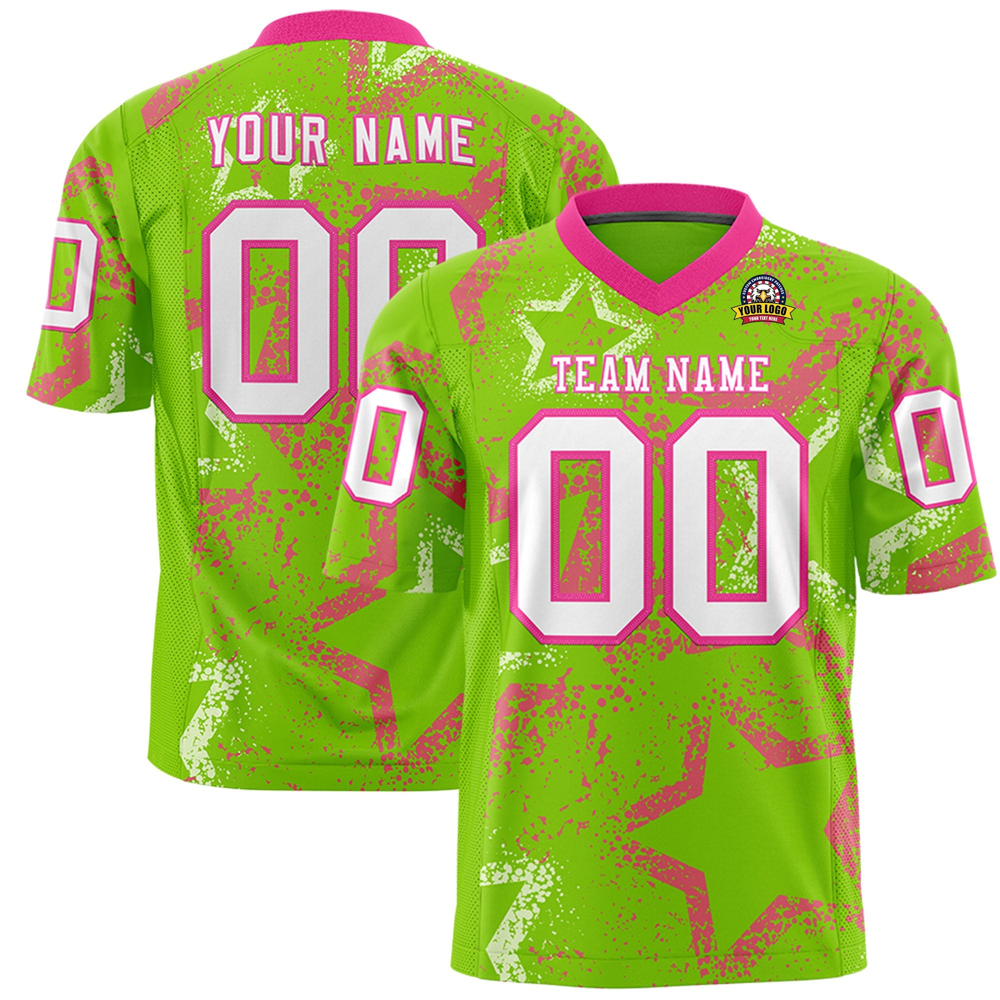 Custom Neon Green Pink-White Personalized Star Graffiti Pattern Authentic Football Jersey