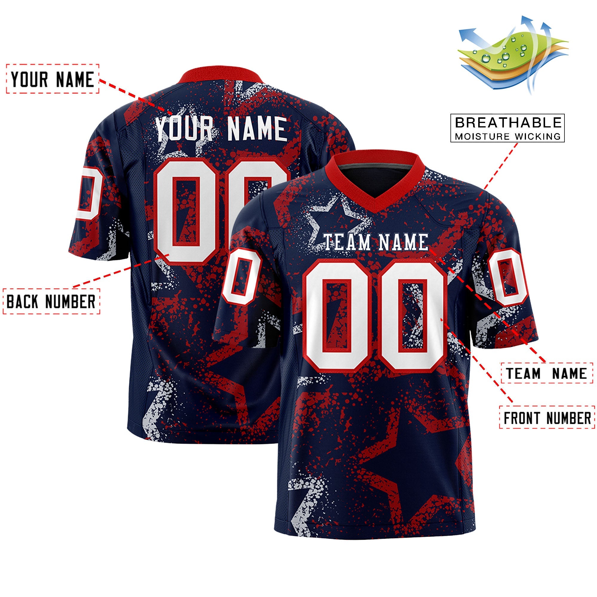 Custom Navy Red-White Personalized Star Graffiti Pattern Authentic Football Jersey