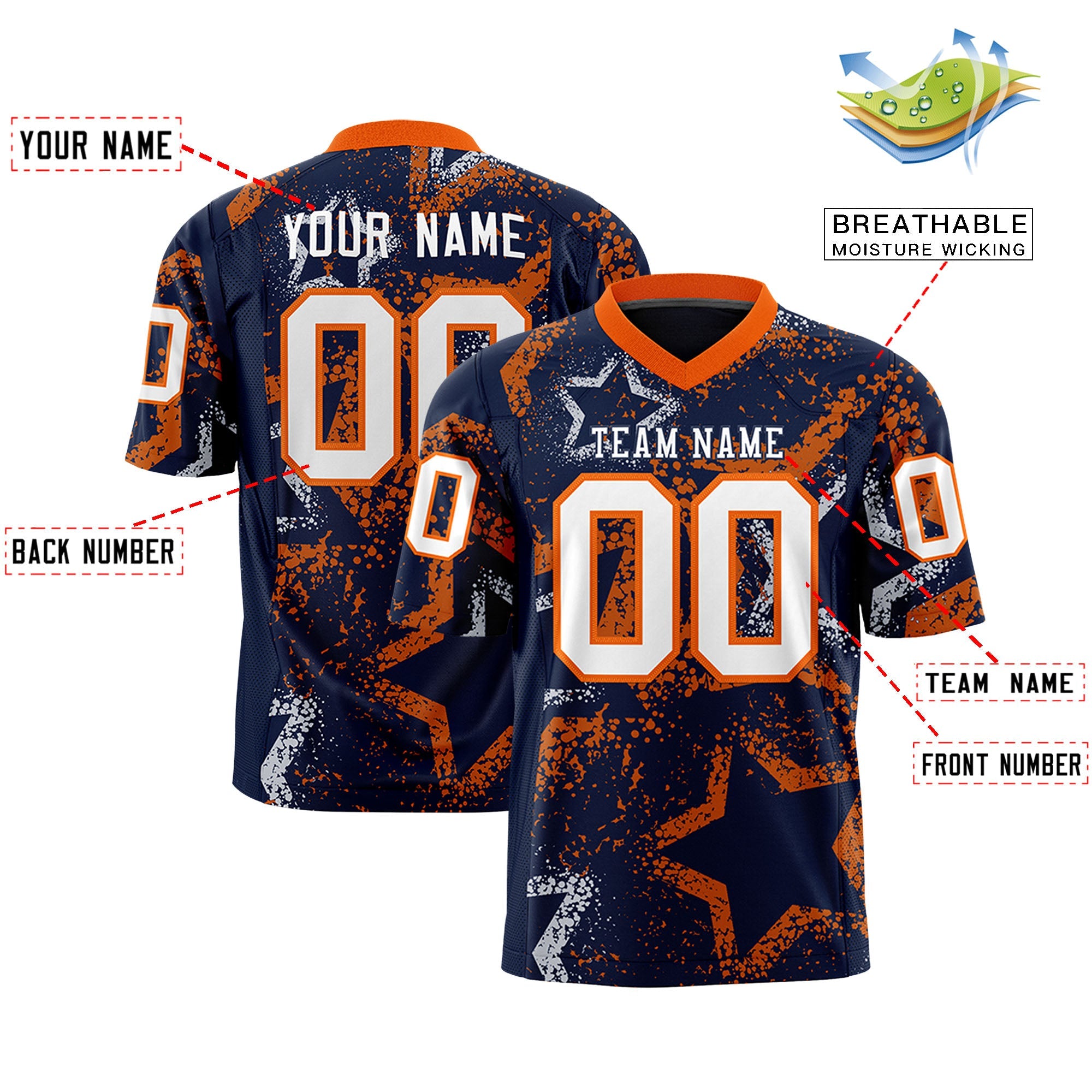 Custom Navy Orange-White Personalized Star Graffiti Pattern Authentic Football Jersey