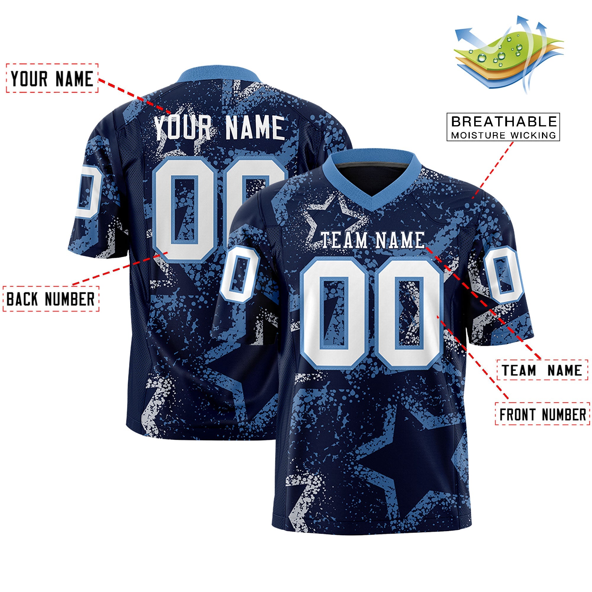 Custom Navy Light Blue-White Personalized Star Graffiti Pattern Authentic Football Jersey