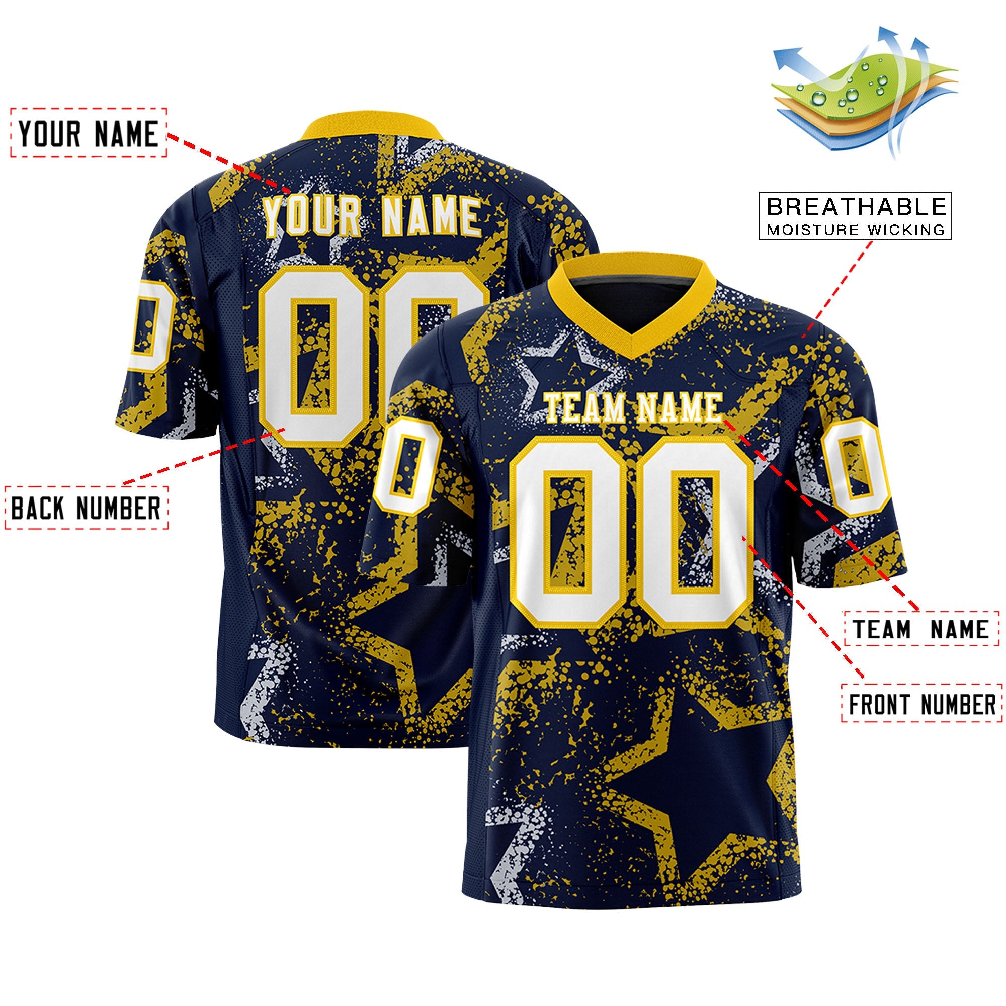 Custom Navy Gold-White Personalized Star Graffiti Pattern Authentic Football Jersey