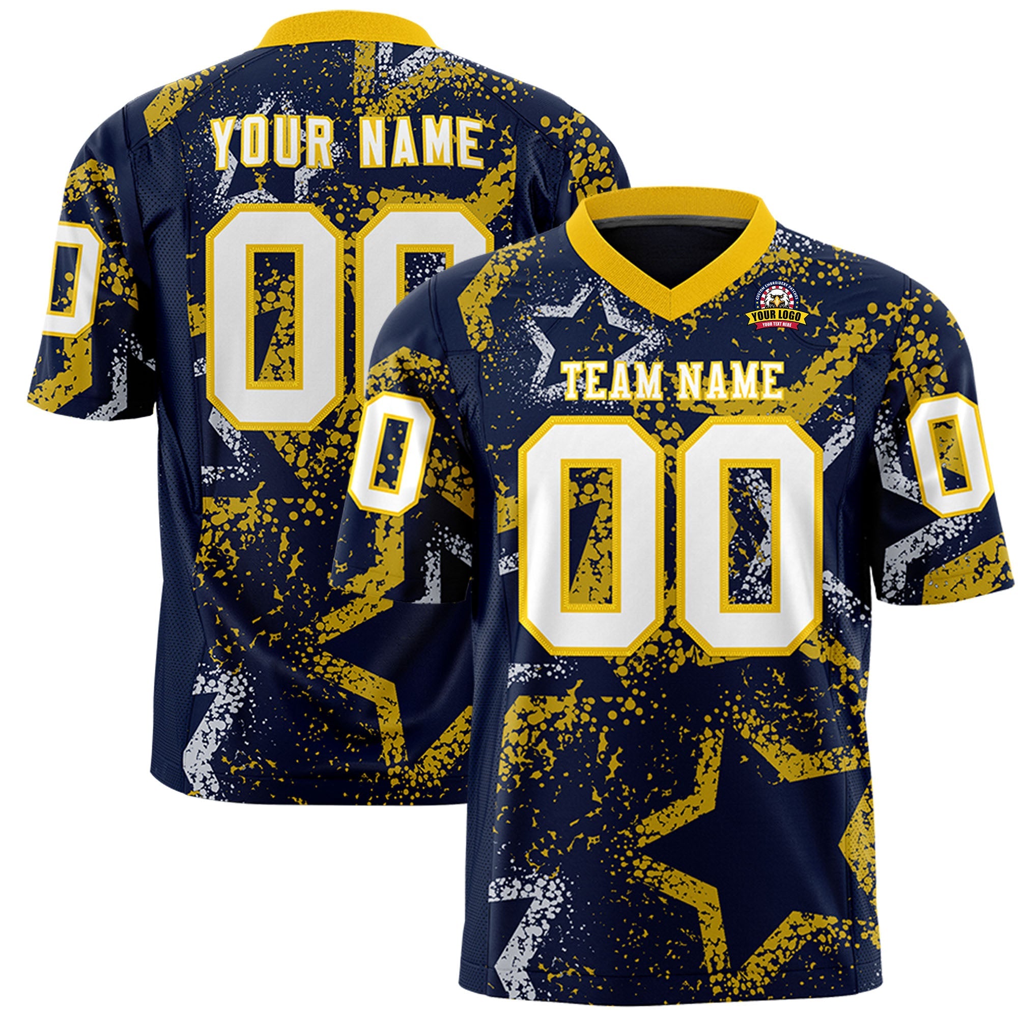 Custom Navy Gold-White Personalized Star Graffiti Pattern Authentic Football Jersey