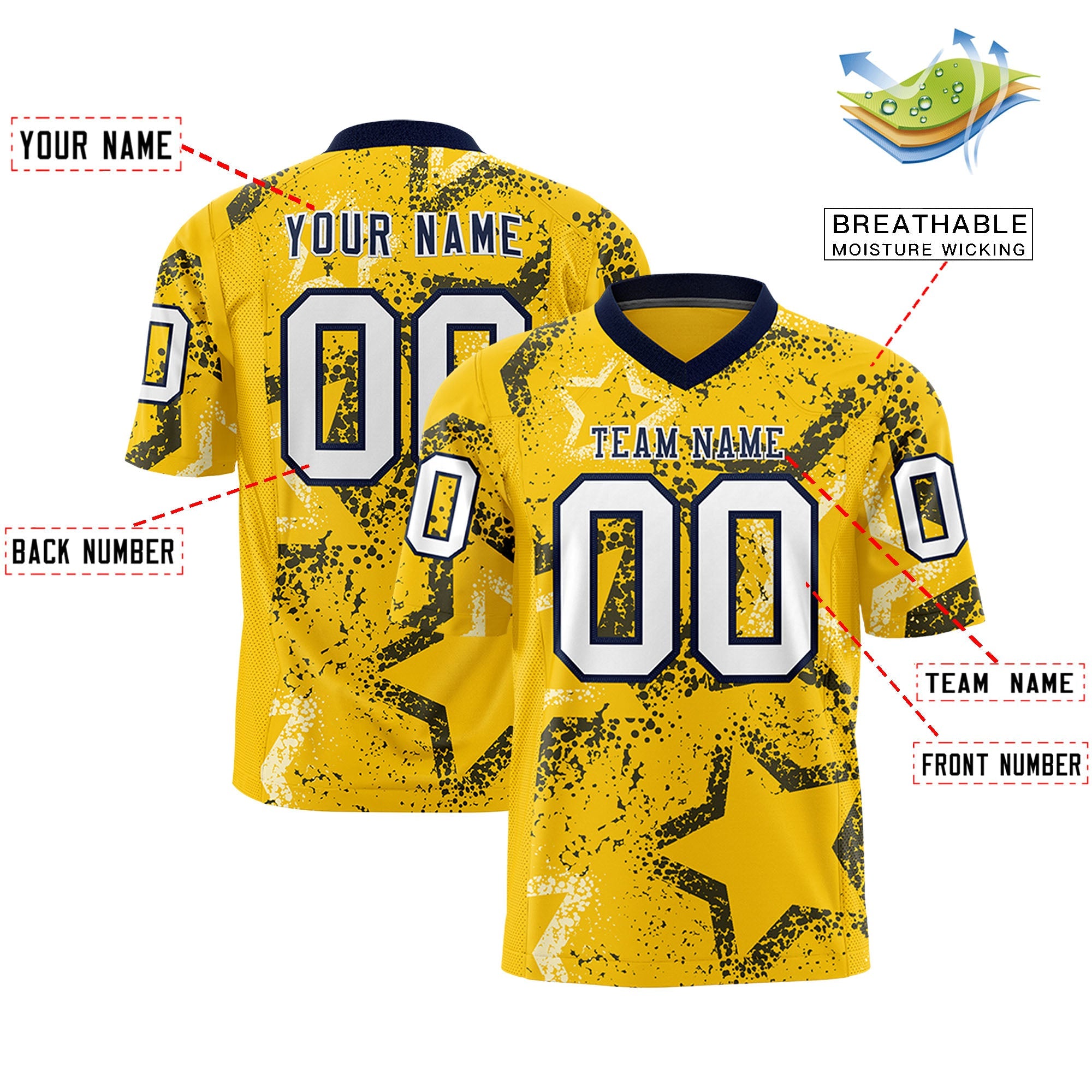 Custom Gold Navy-White Personalized Star Graffiti Pattern Authentic Football Jersey