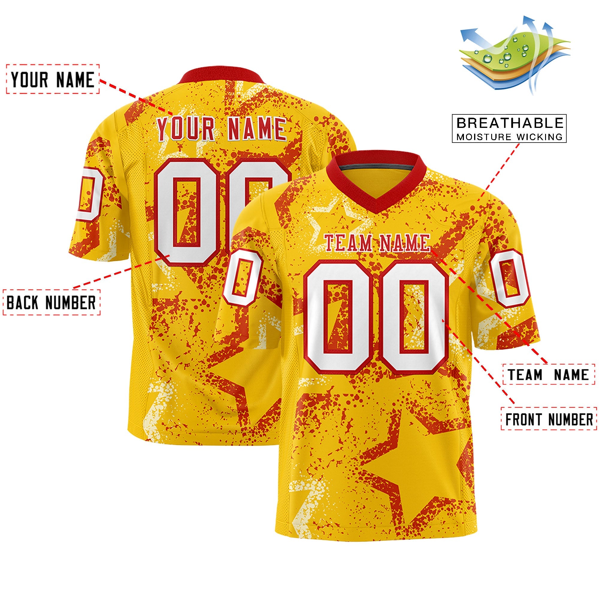 Custom Gold Red-White Personalized Star Graffiti Pattern Authentic Football Jersey