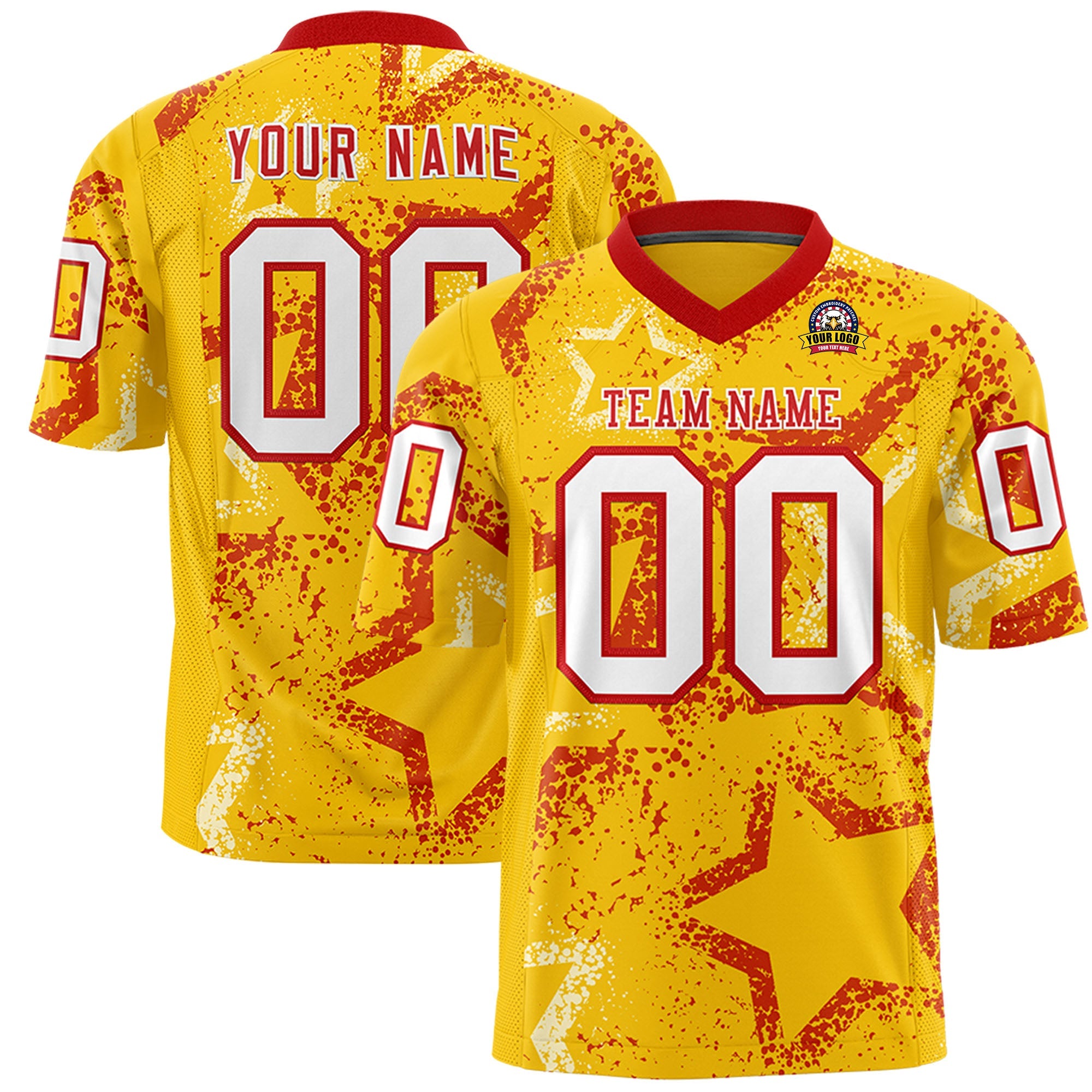 Custom Gold Red-White Personalized Star Graffiti Pattern Authentic Football Jersey