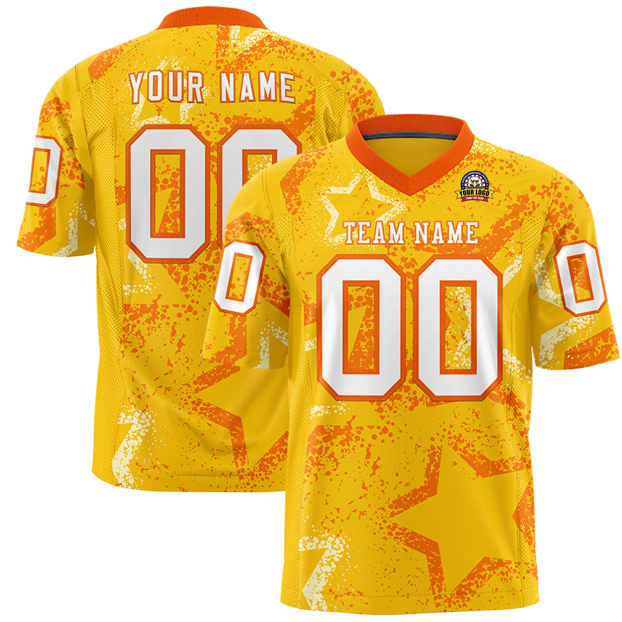 Custom Gold Orange-White Personalized Star Graffiti Pattern Authentic Football Jersey