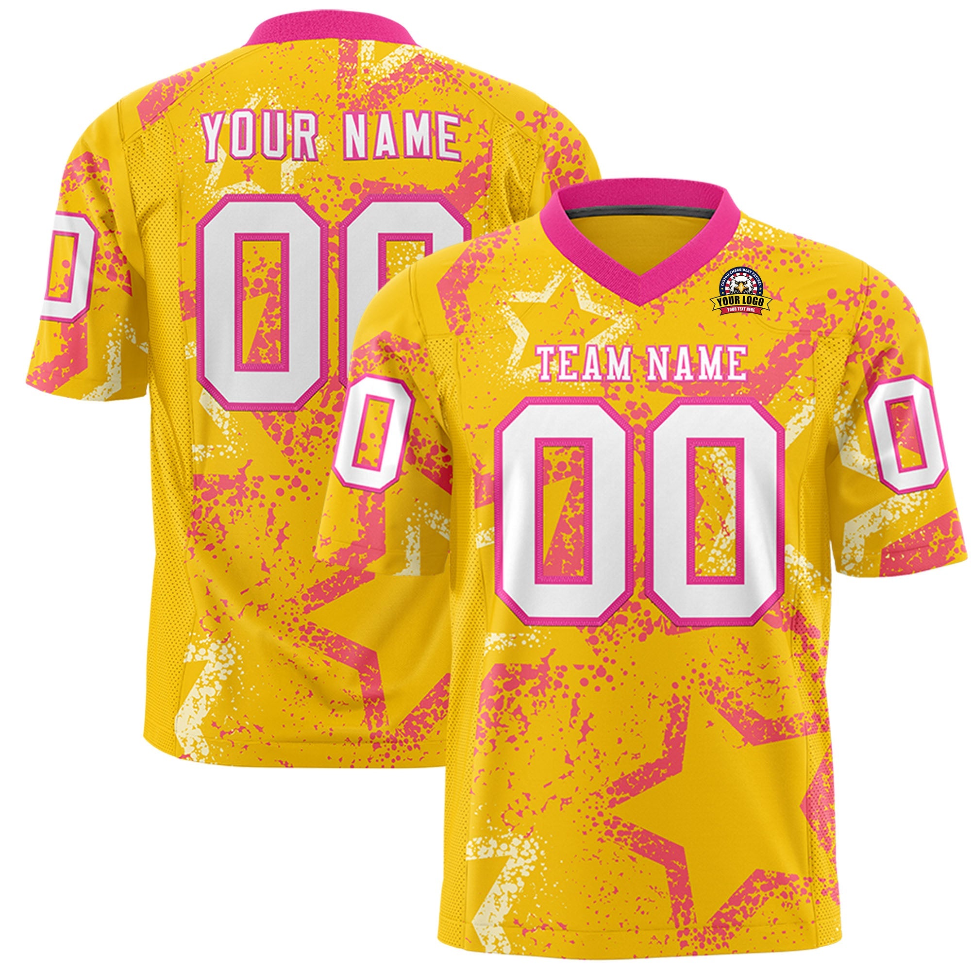 Custom Gold Pink-White Personalized Star Graffiti Pattern Authentic Football Jersey