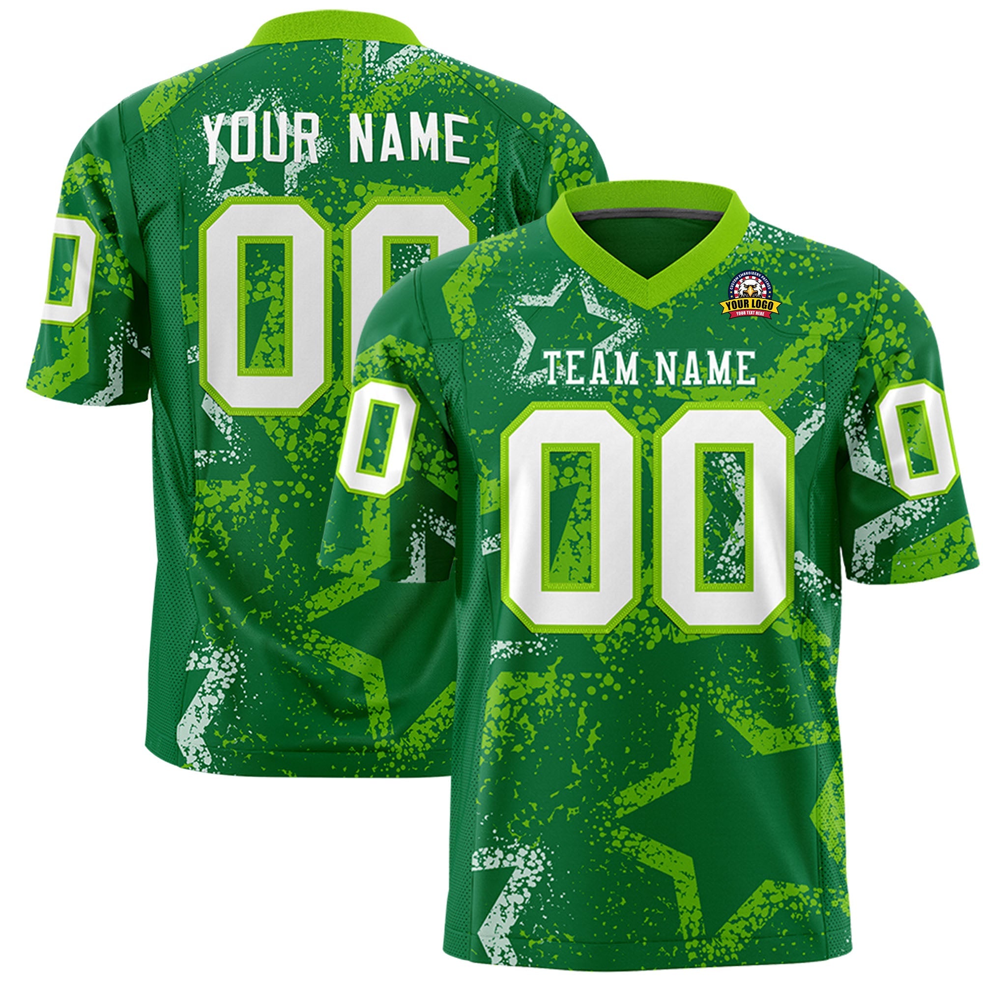 Custom Kelly Green Neon Green-White Personalized Star Graffiti Pattern Authentic Football Jersey