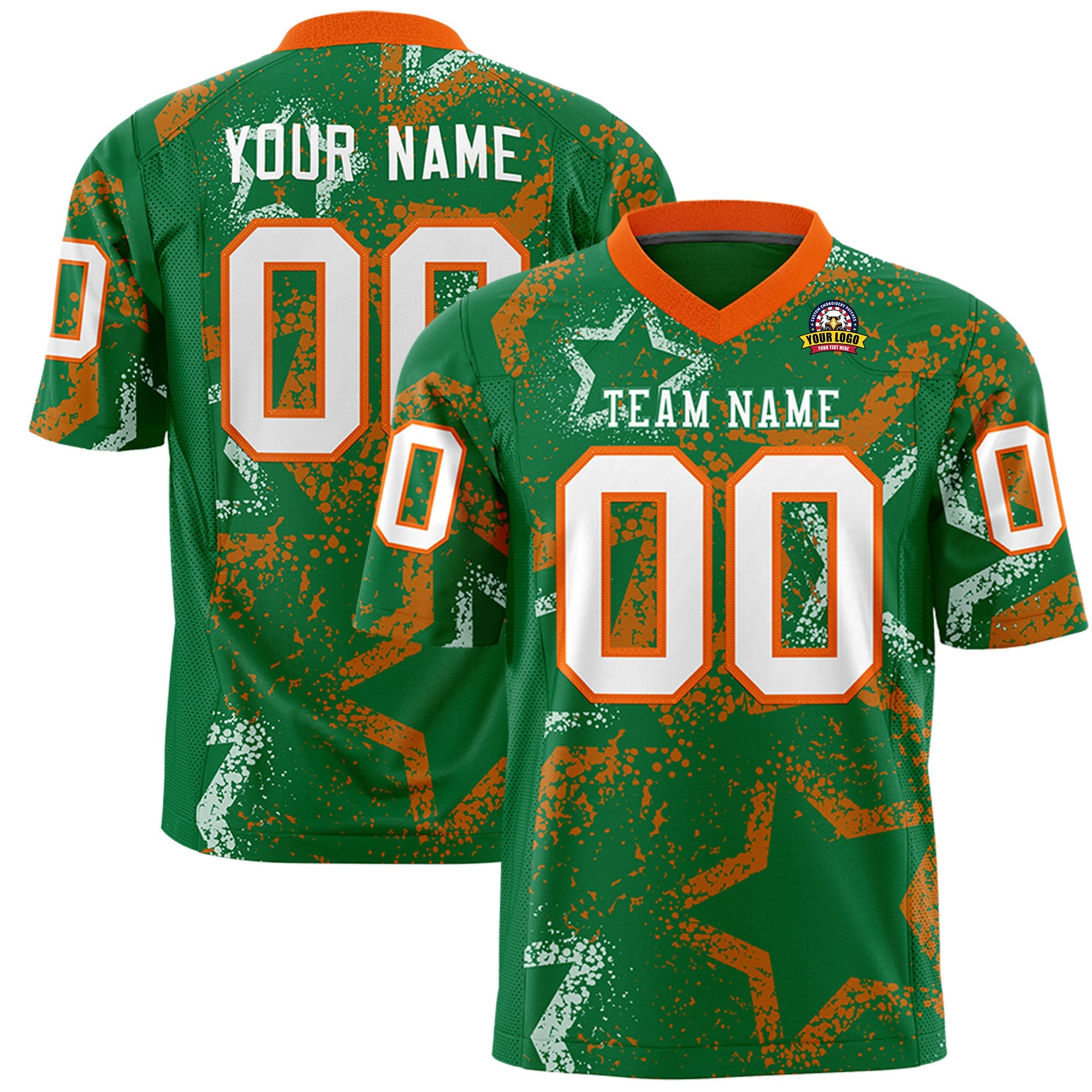 Custom Kelly Green Orange-White Personalized Star Graffiti Pattern Authentic Football Jersey