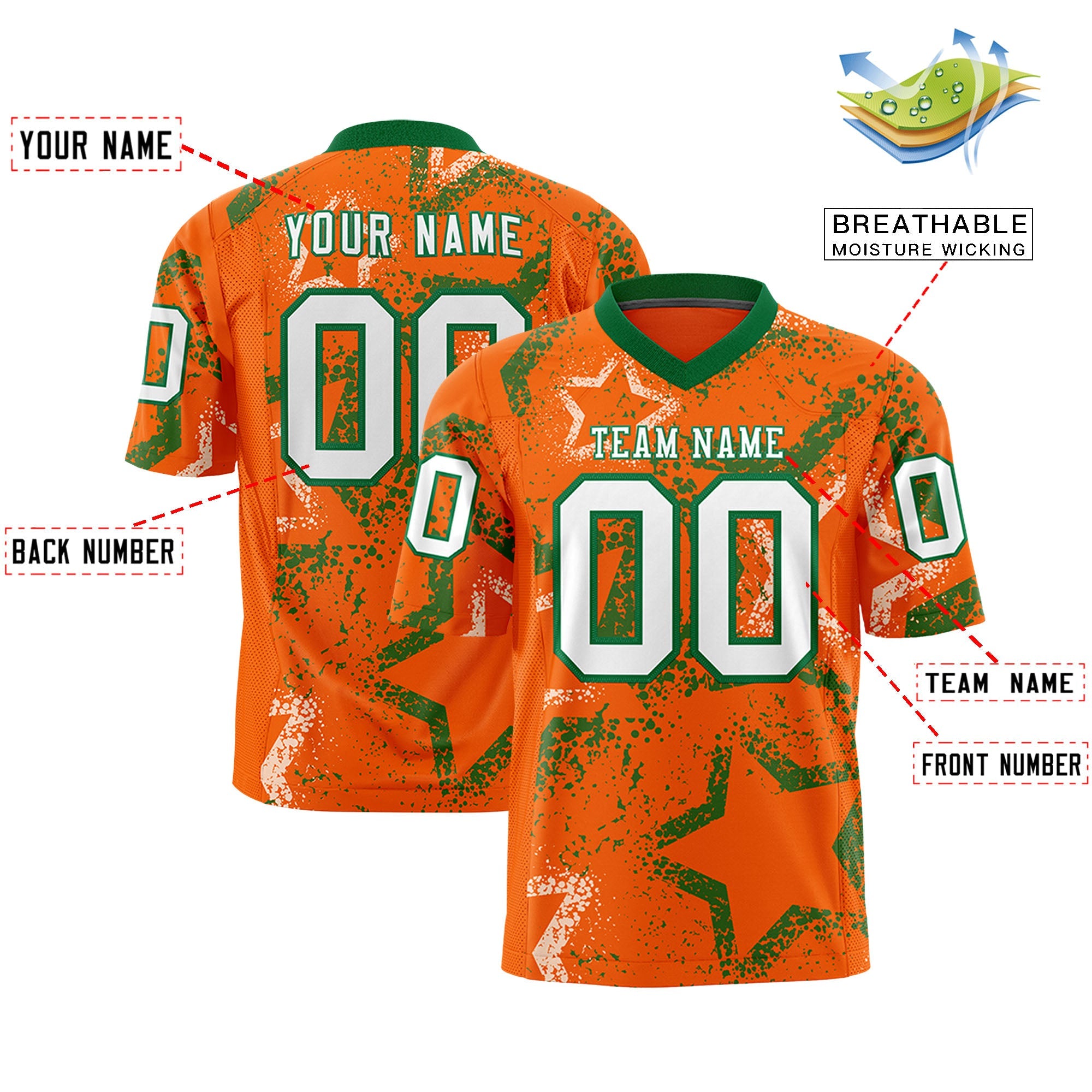 Custom Orange Kelly Green-White Personalized Star Graffiti Pattern Authentic Football Jersey