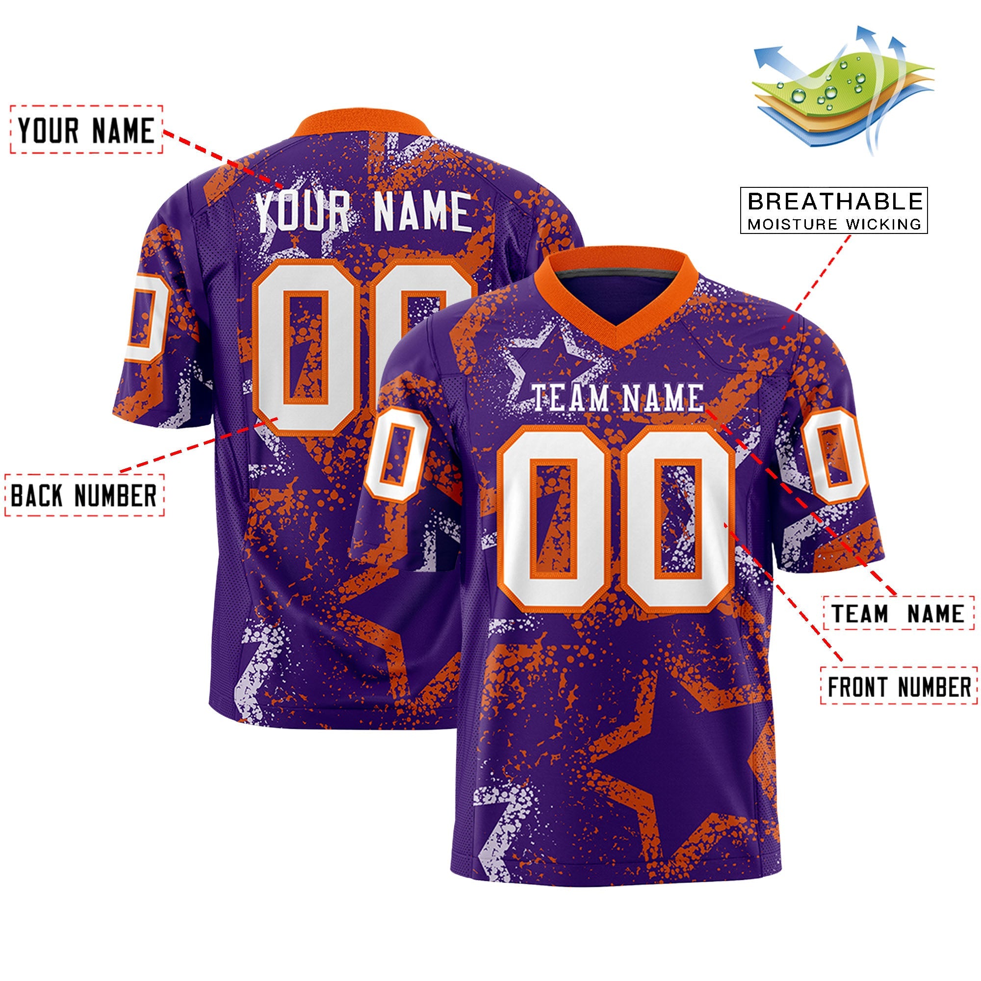 Custom Purple Orange-White Personalized Star Graffiti Pattern Authentic Football Jersey