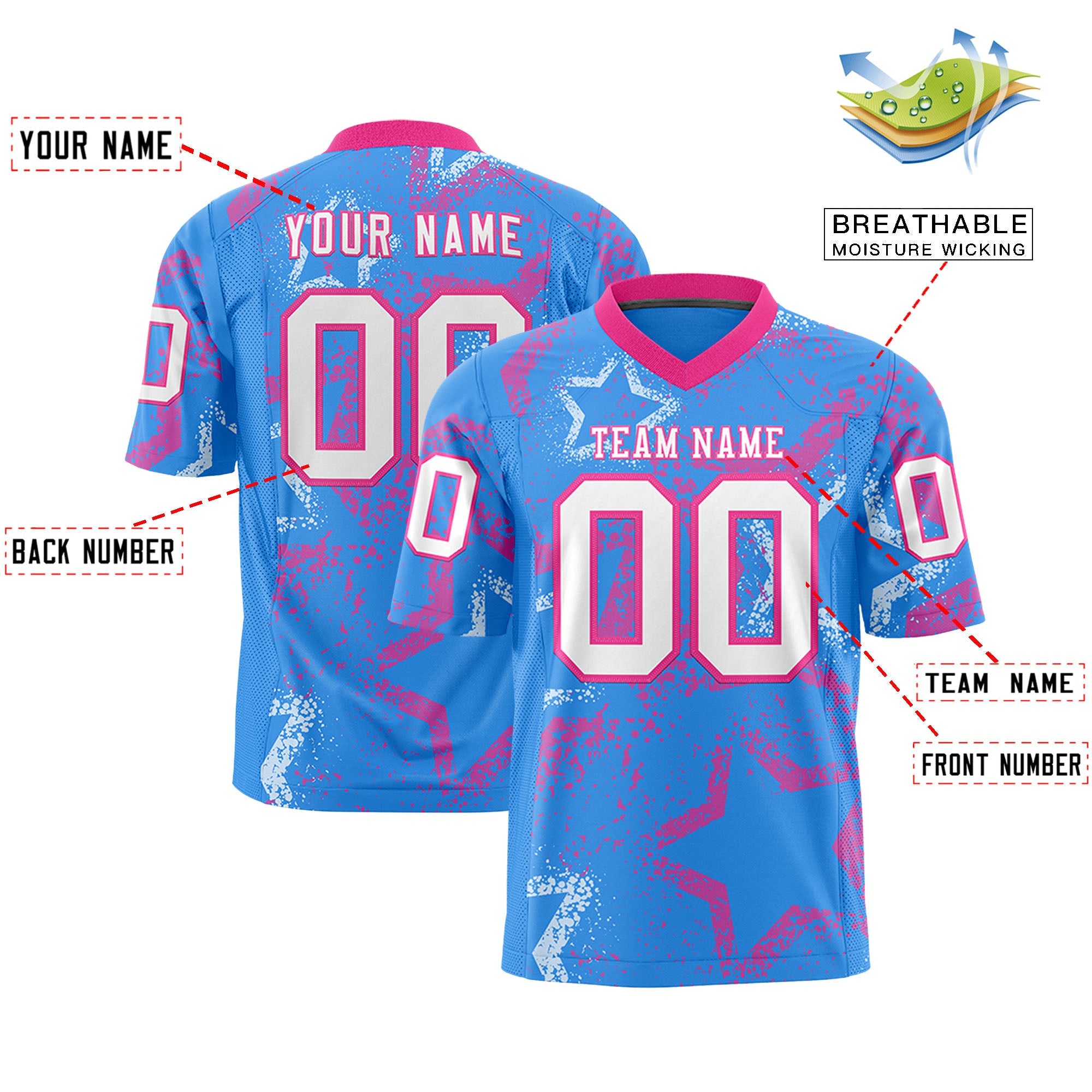 Custom Powder Blue Pink-White Personalized Star Graffiti Pattern Authentic Football Jersey