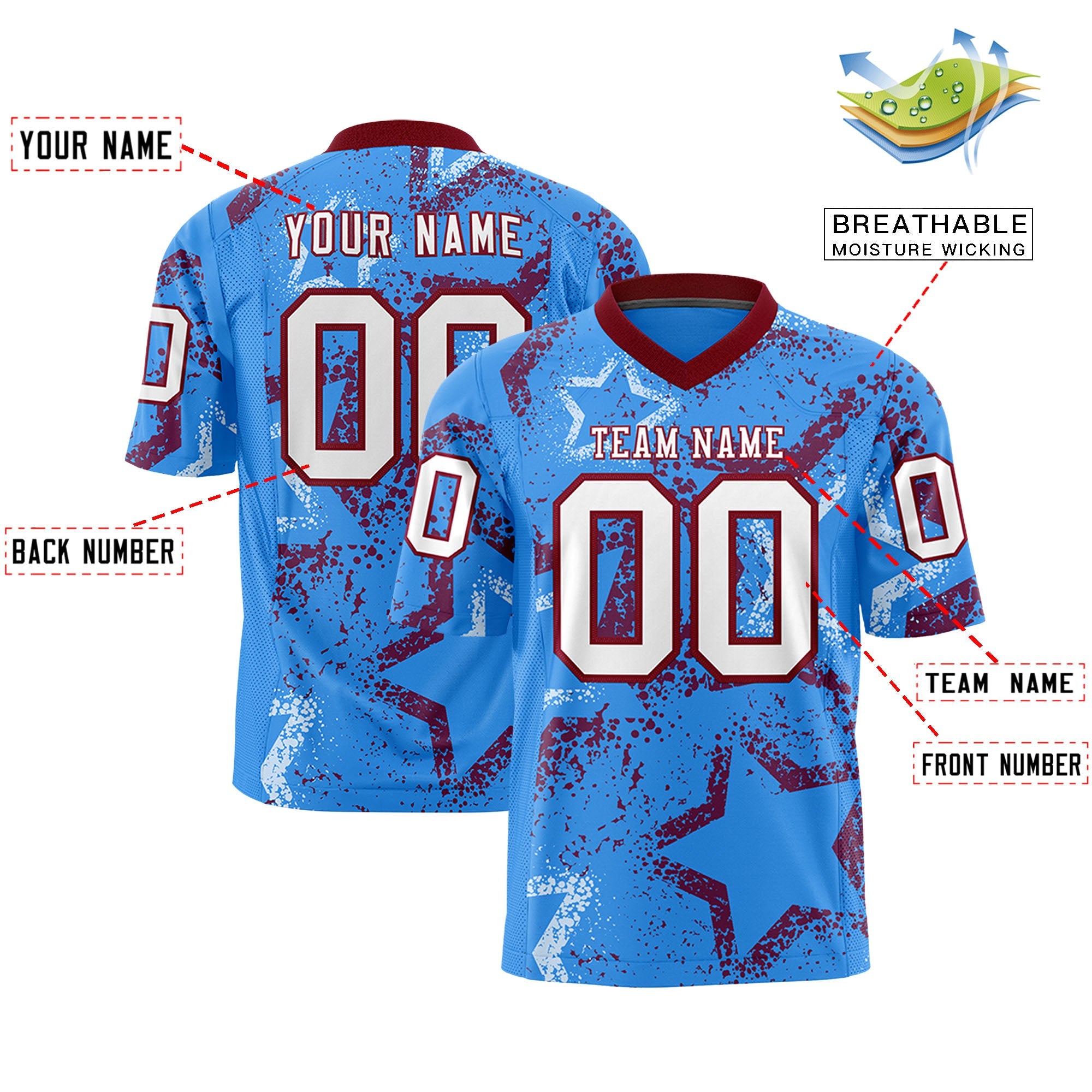 Custom Powder Blue Crimson-White Personalized Star Graffiti Pattern Authentic Football Jersey