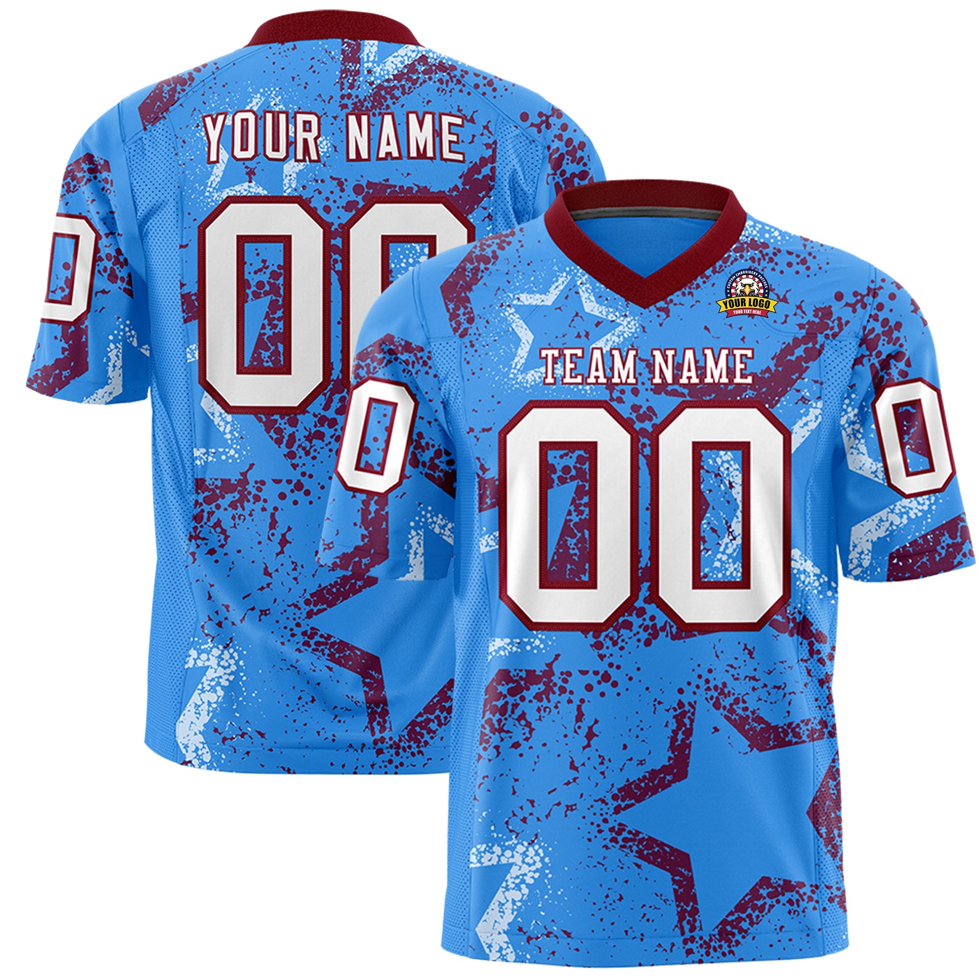 Custom Powder Blue Crimson-White Personalized Star Graffiti Pattern Authentic Football Jersey