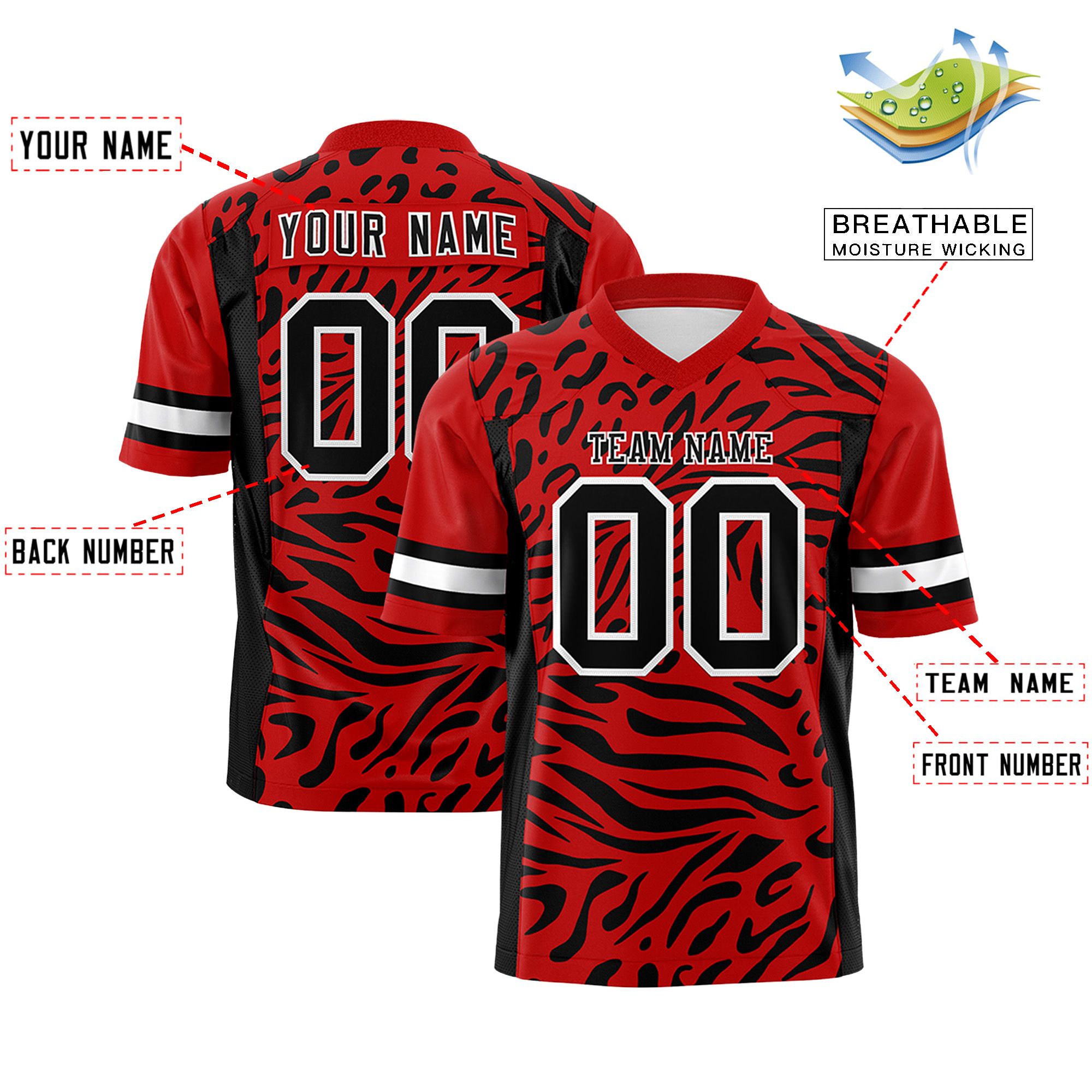 Custom Red Black-White Personalized Zebra Stripes Pattern Authentic Football Jersey