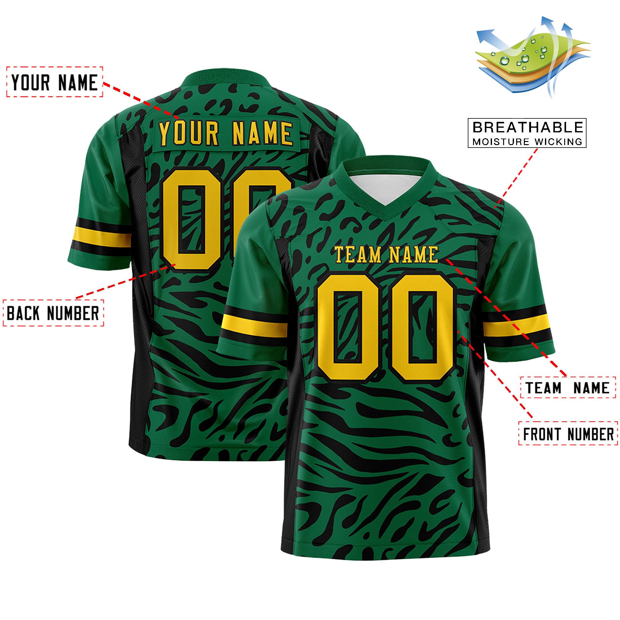 Custom Kelly Green Gold-Black Personalized Zebra Stripes Pattern Authentic Football Jersey