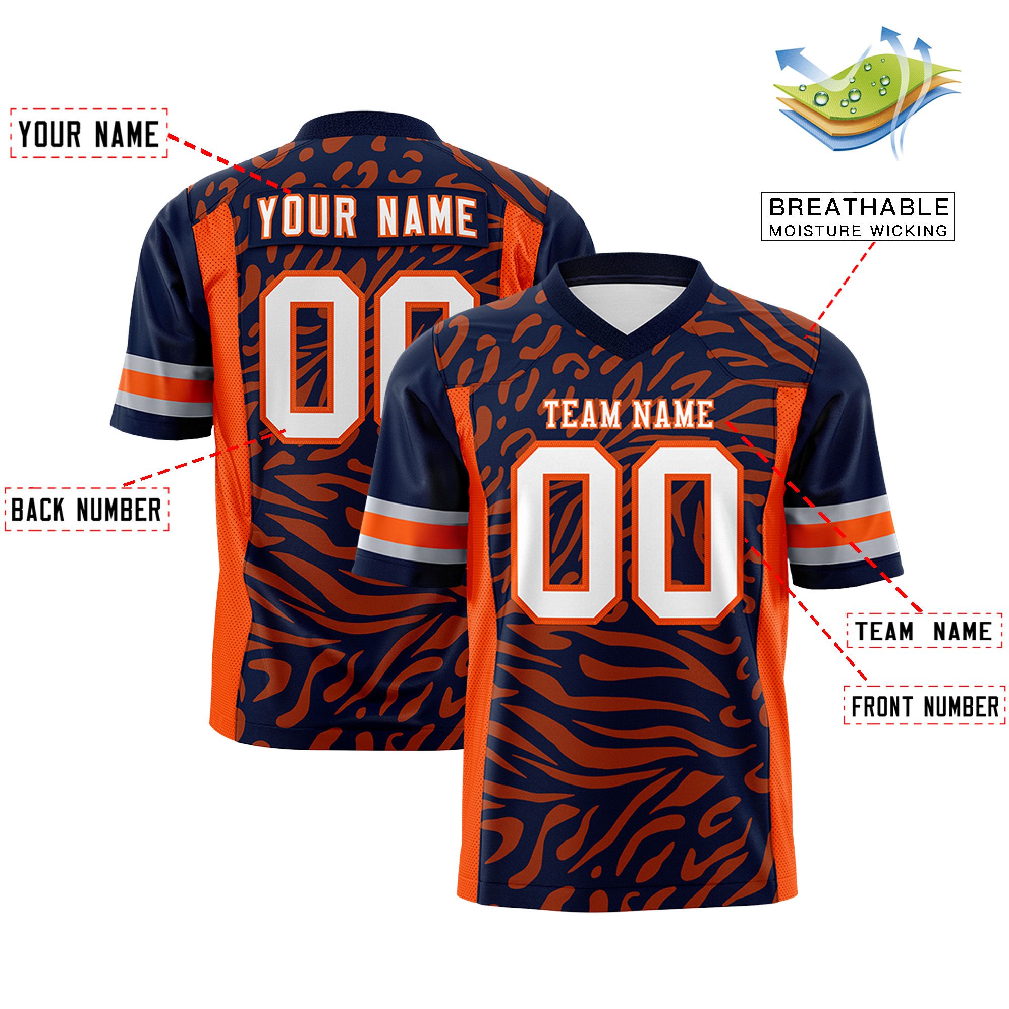 Custom Navy White-Orange Personalized Zebra Stripes Pattern Authentic Football Jersey