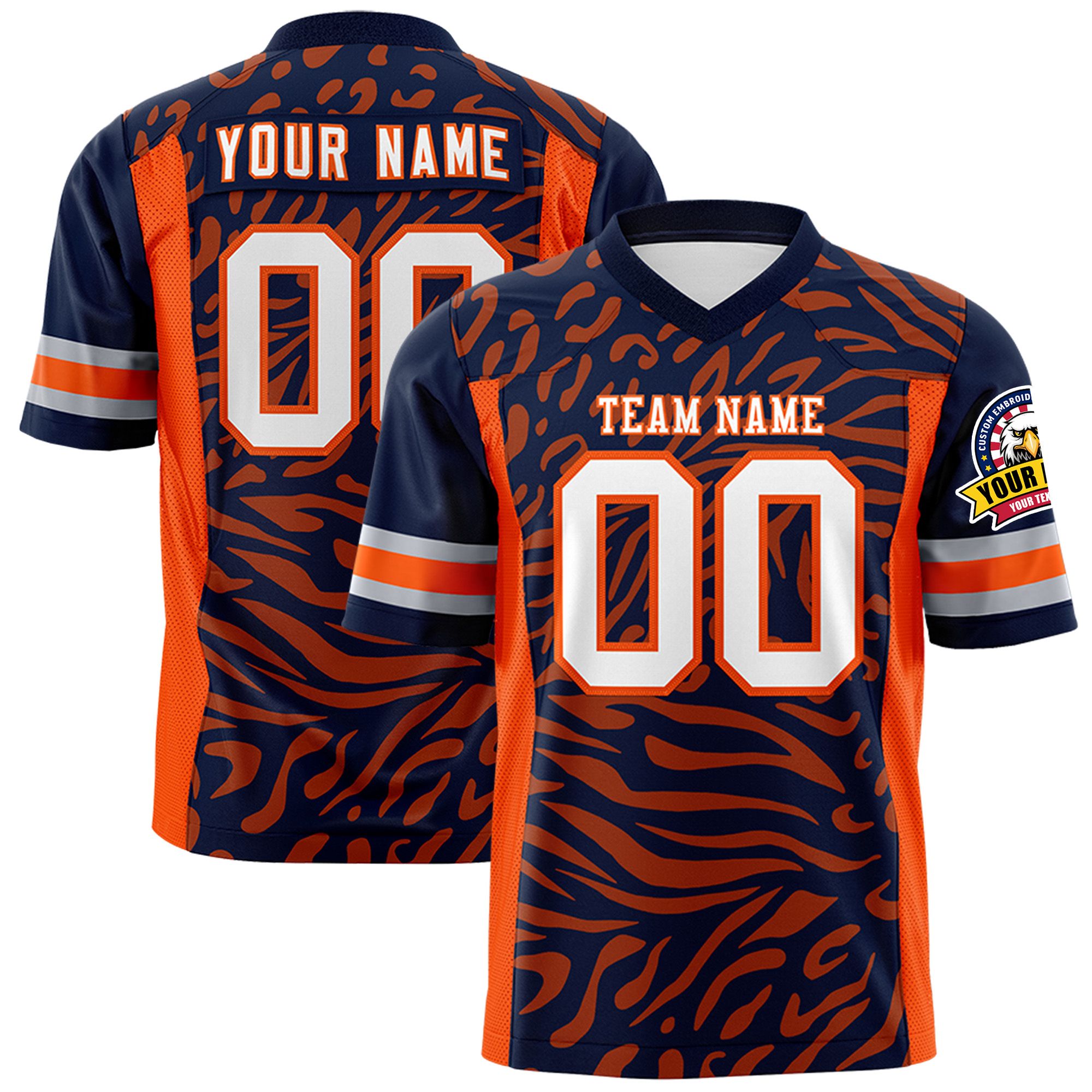 Custom Navy White-Orange Personalized Zebra Stripes Pattern Authentic Football Jersey