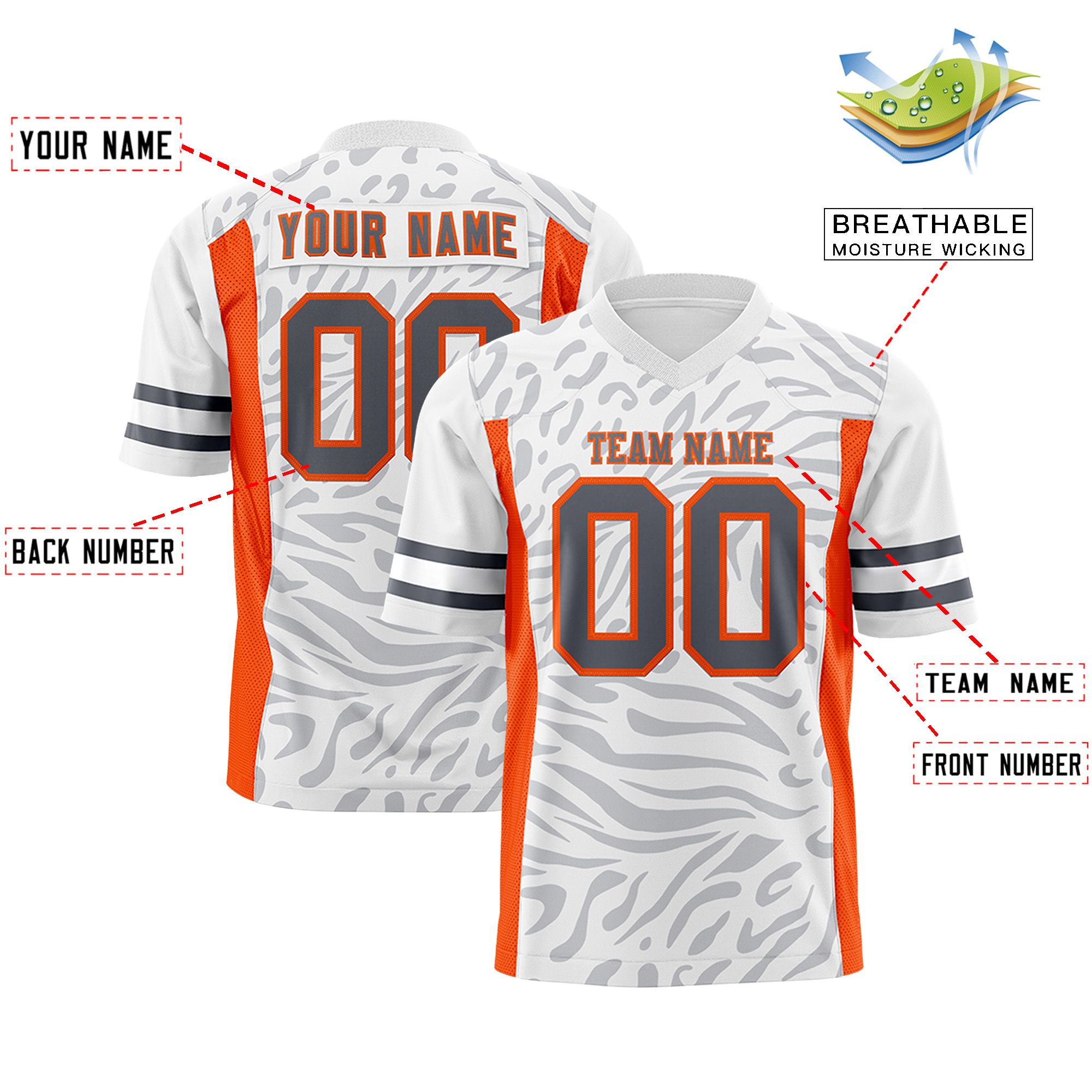 Custom White Dark Gray-Orange Personalized Zebra Stripes Pattern Authentic Football Jersey