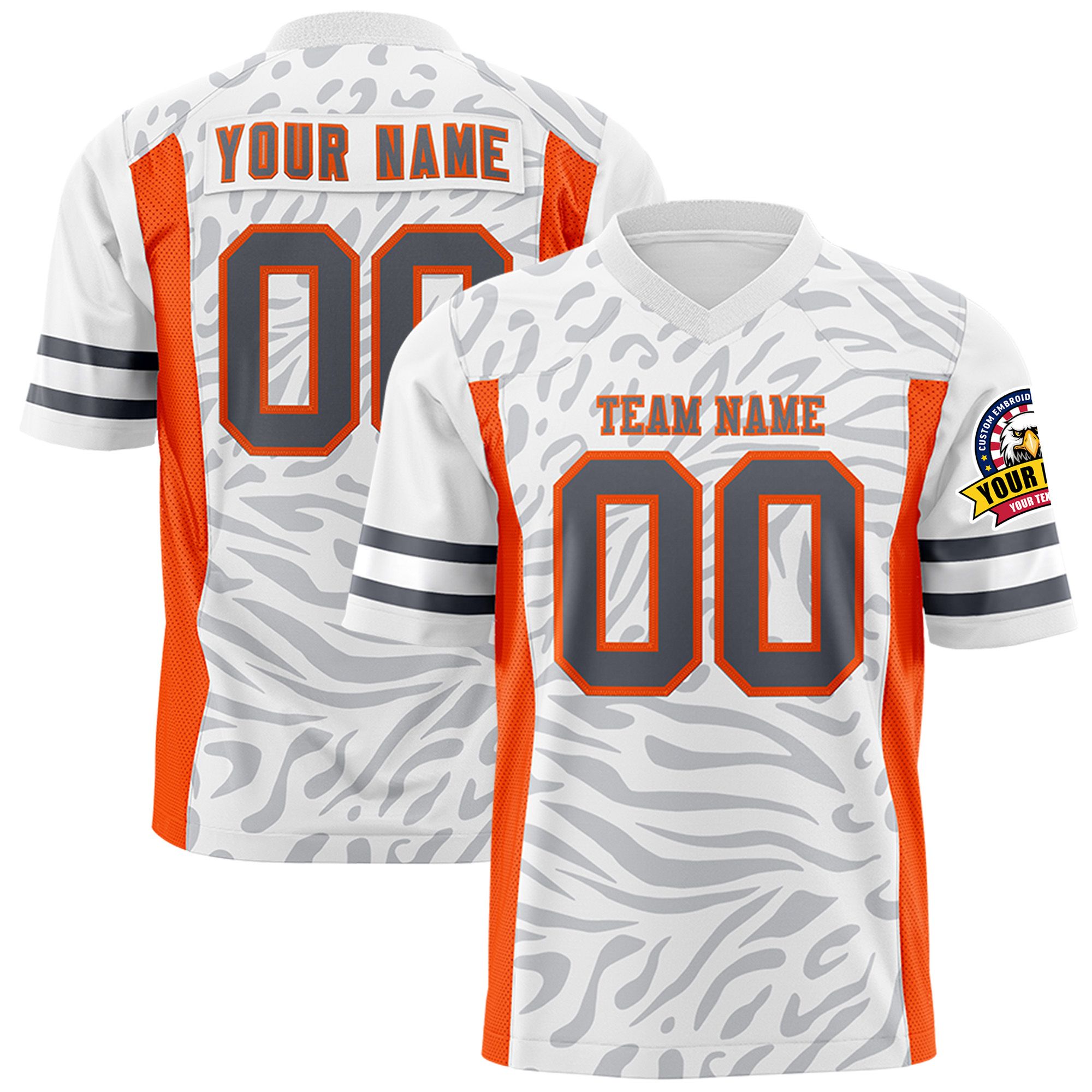 Custom White Dark Gray-Orange Personalized Zebra Stripes Pattern Authentic Football Jersey