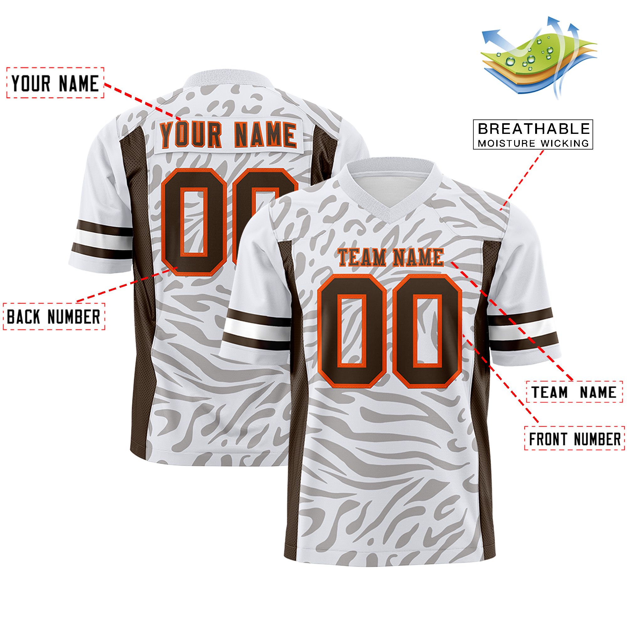 Custom White Brown-Orange Personalized Zebra Stripes Pattern Authentic Football Jersey