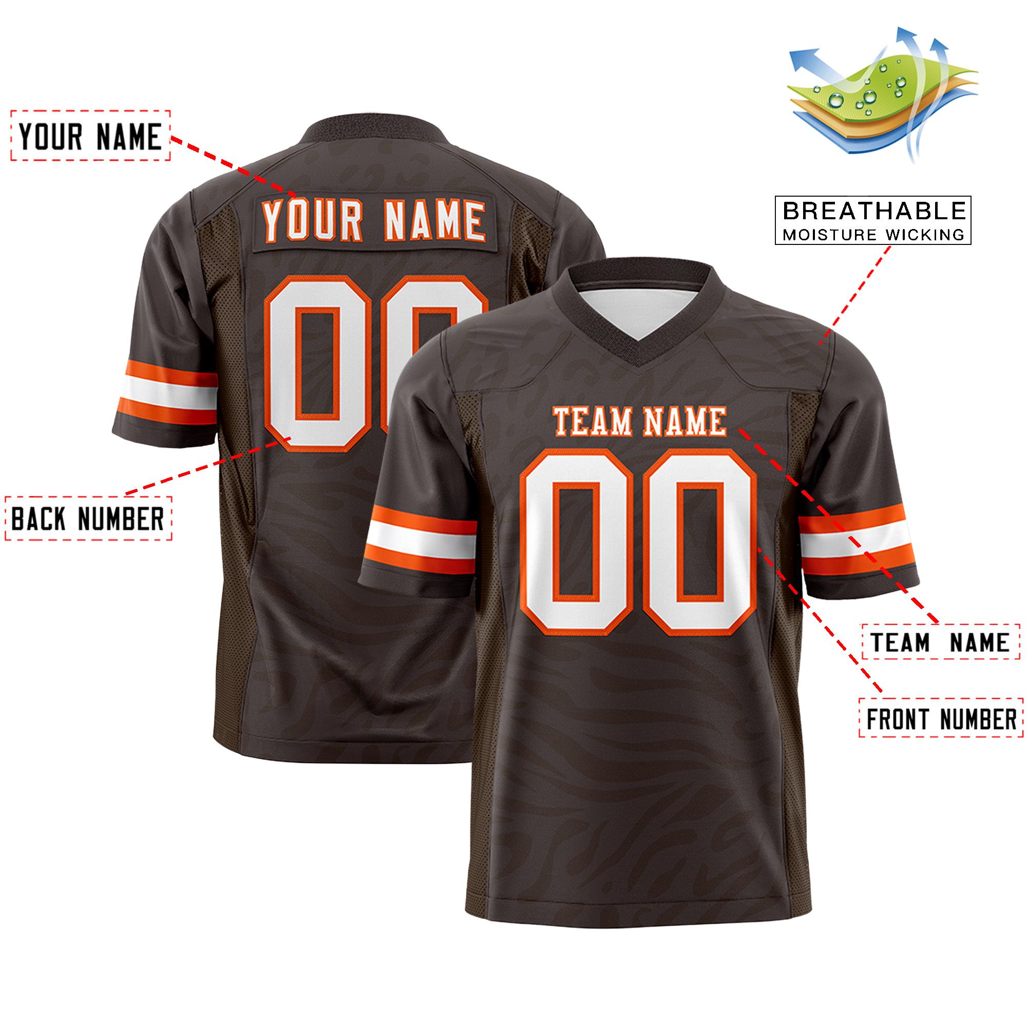 Custom Brown White-Orange Personalized Zebra Stripes Pattern Authentic Football Jersey