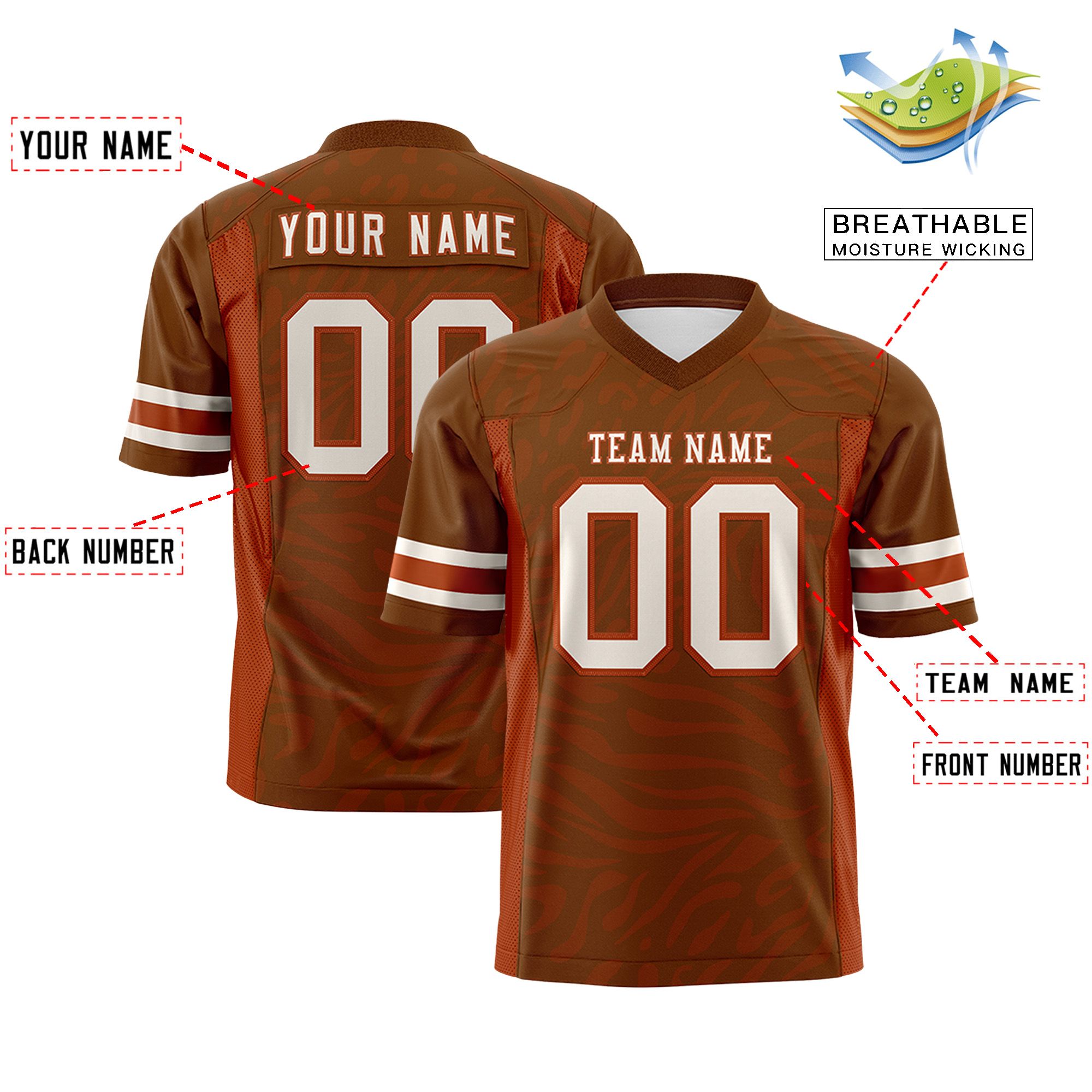 Custom Light Brown White-Texas Orange Personalized Zebra Stripes Pattern Authentic Football Jersey