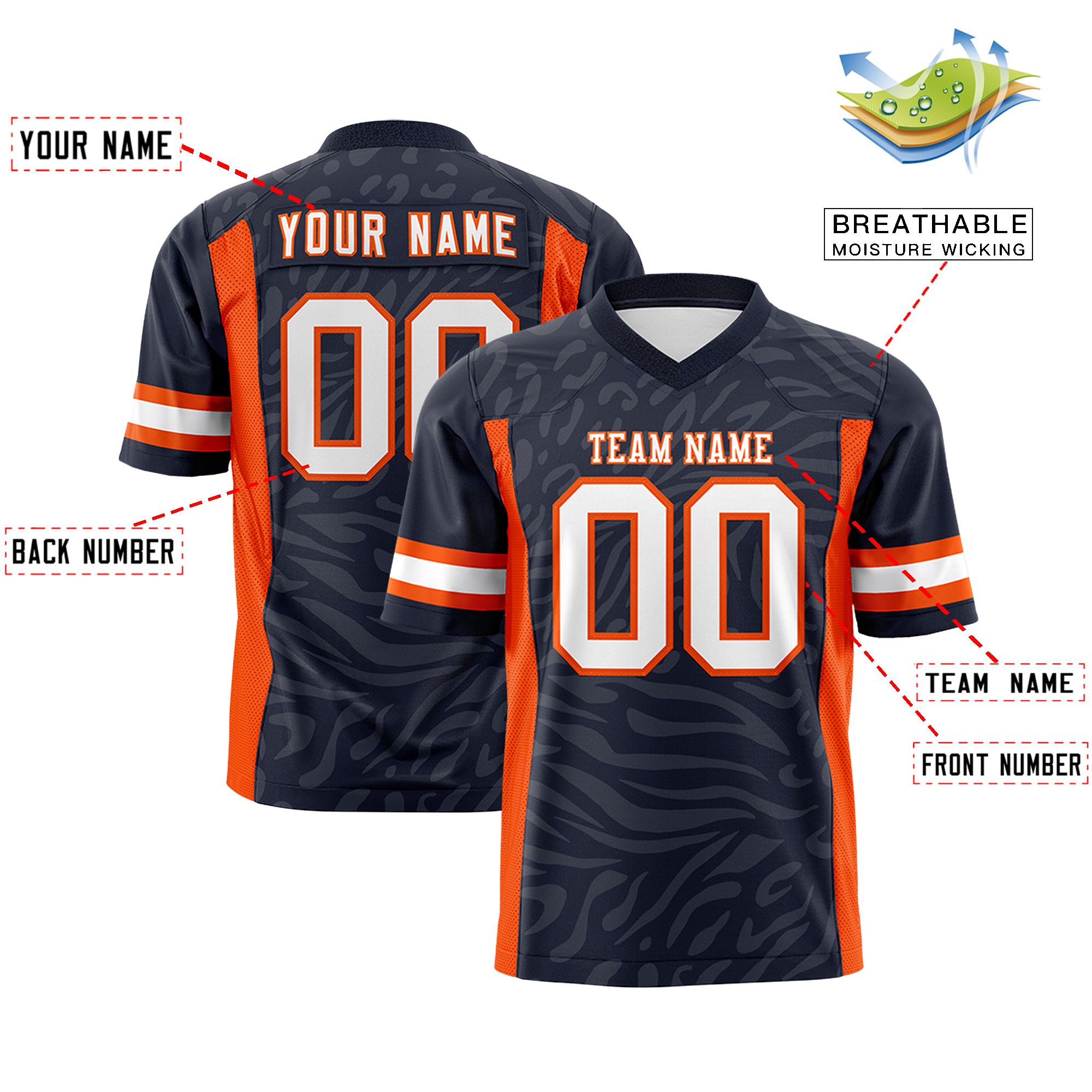 Custom Navy White-Orange Personalized Zebra Stripes Pattern Authentic Football Jersey