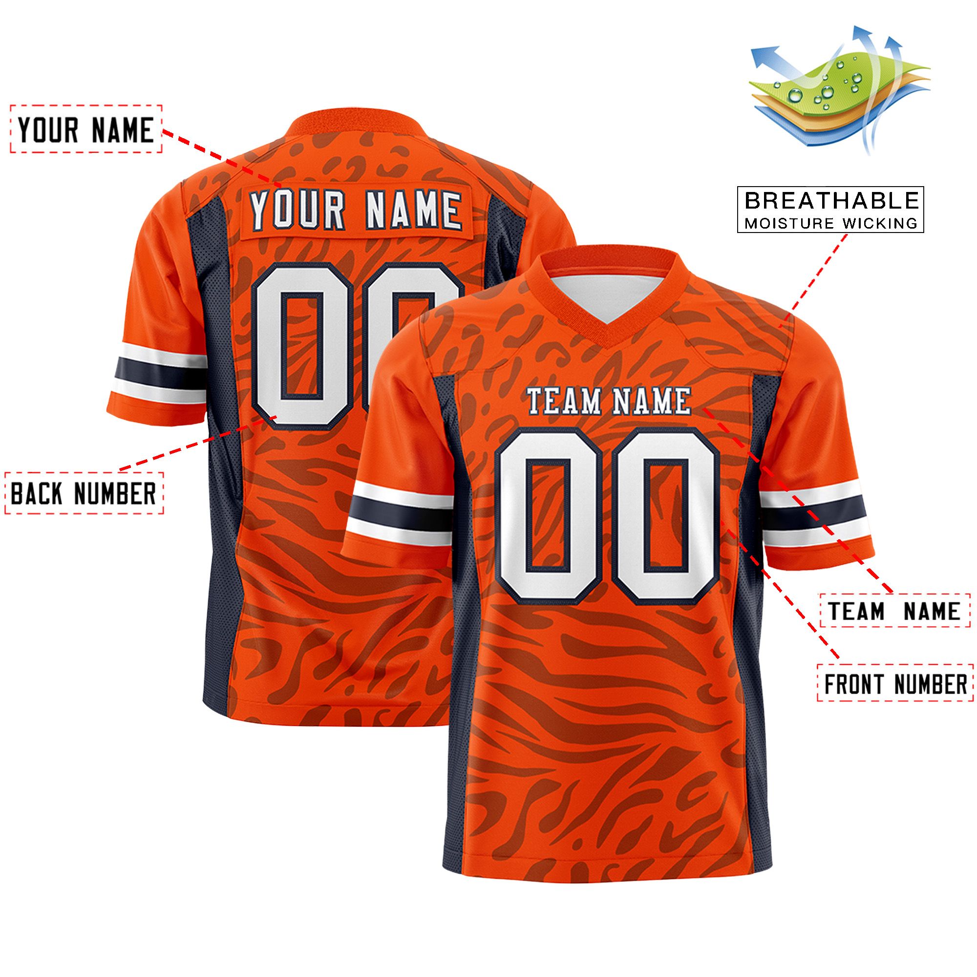 Custom Orange White-Navy Personalized Zebra Stripes Pattern Authentic Football Jersey