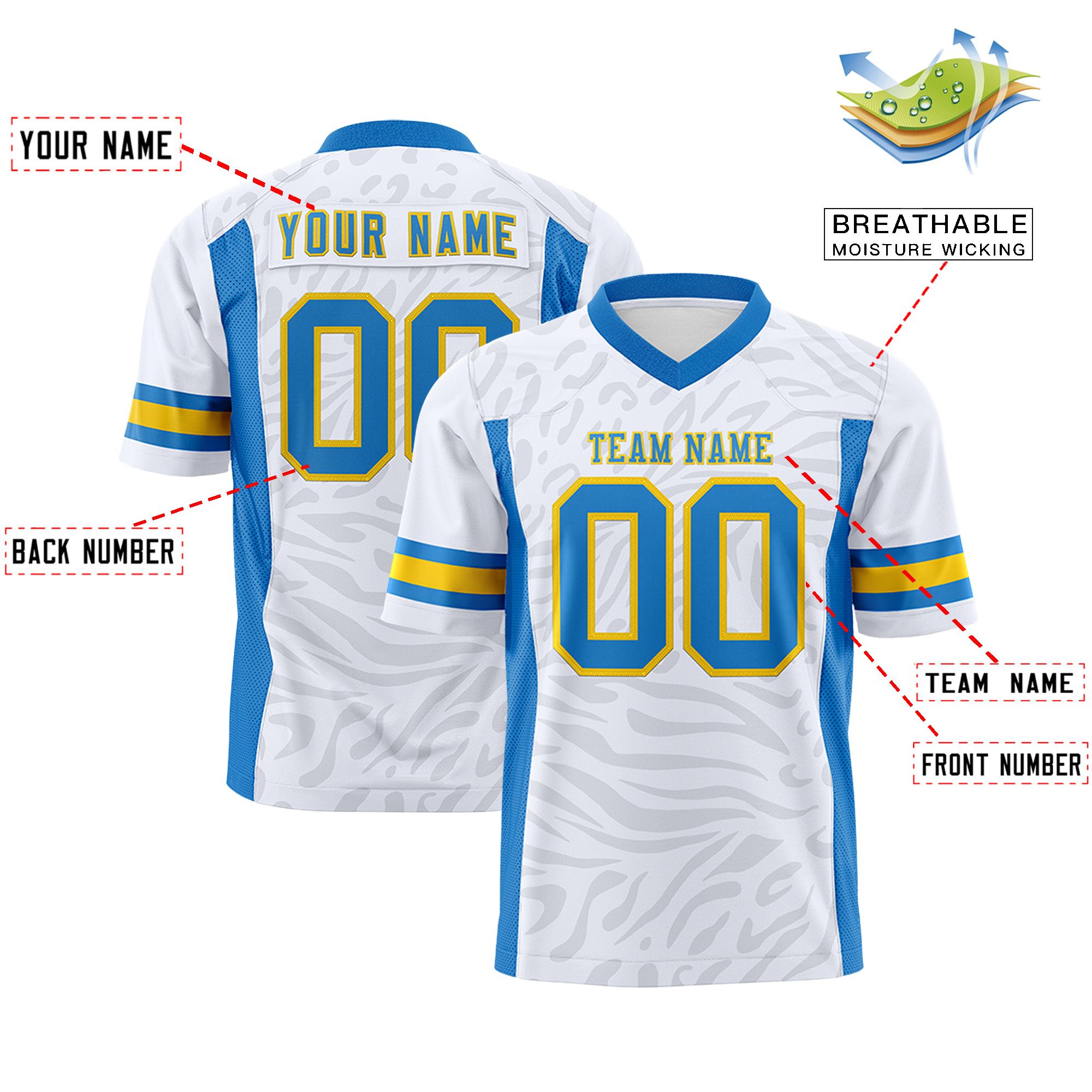 Custom White Powder Blue-Gold Personalized Zebra Stripes Pattern Authentic Football Jersey