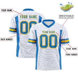 Custom White Powder Blue-Gold Personalized Zebra Stripes Pattern Authentic Football Jersey