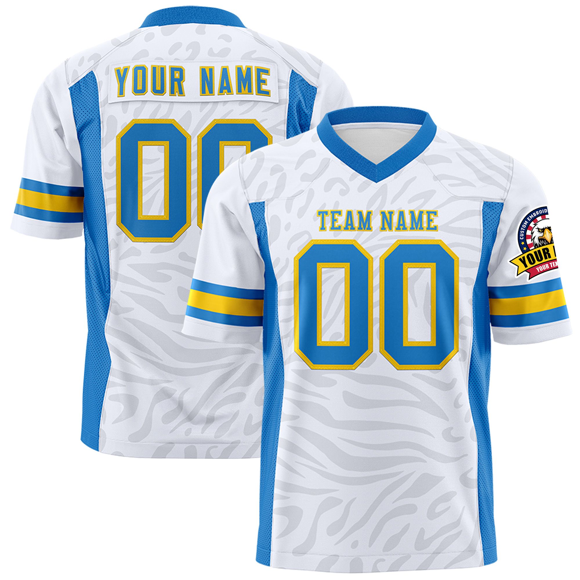 Custom White Powder Blue-Gold Personalized Zebra Stripes Pattern Authentic Football Jersey