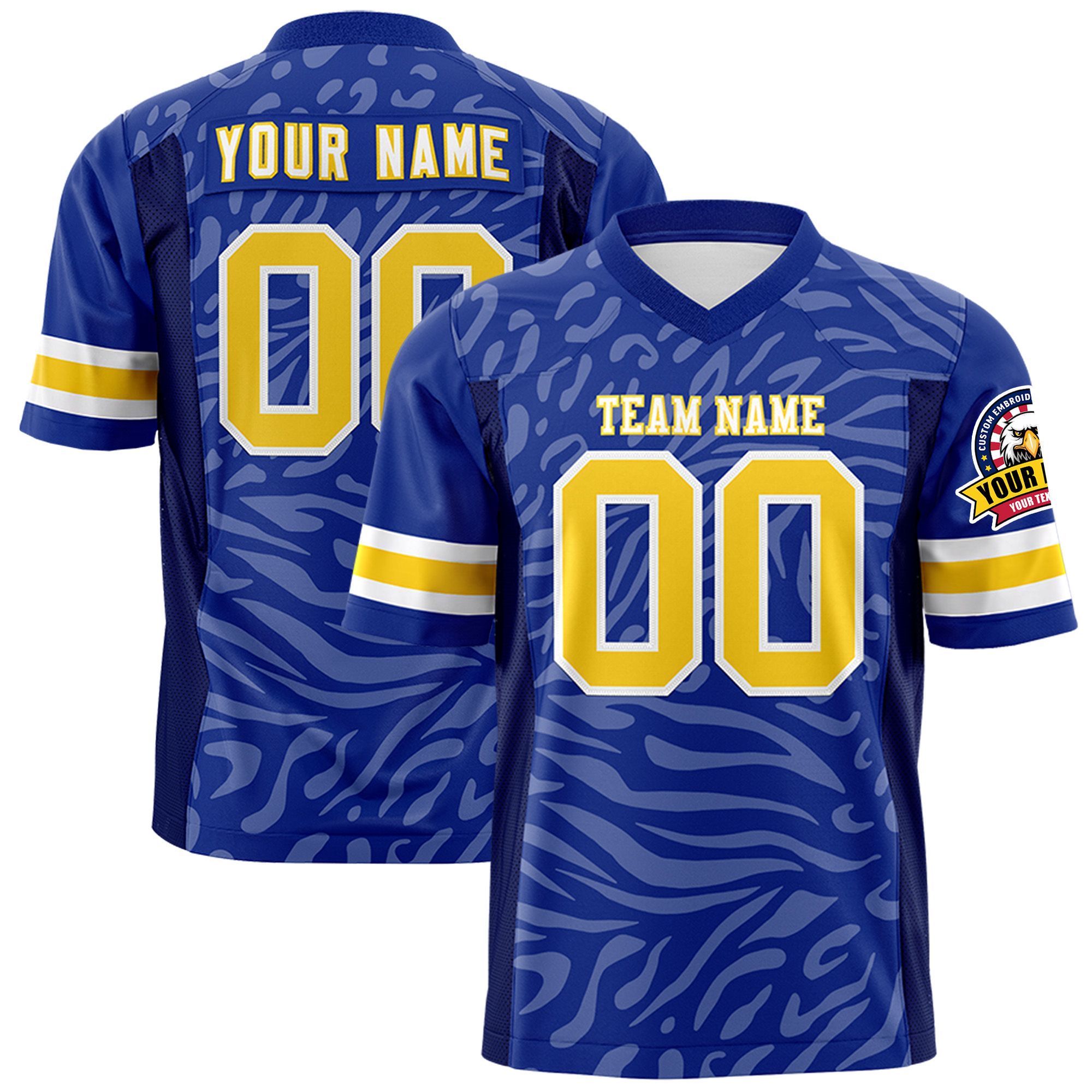 Custom Royal Gold-White Personalized Zebra Stripes Pattern Authentic Football Jersey