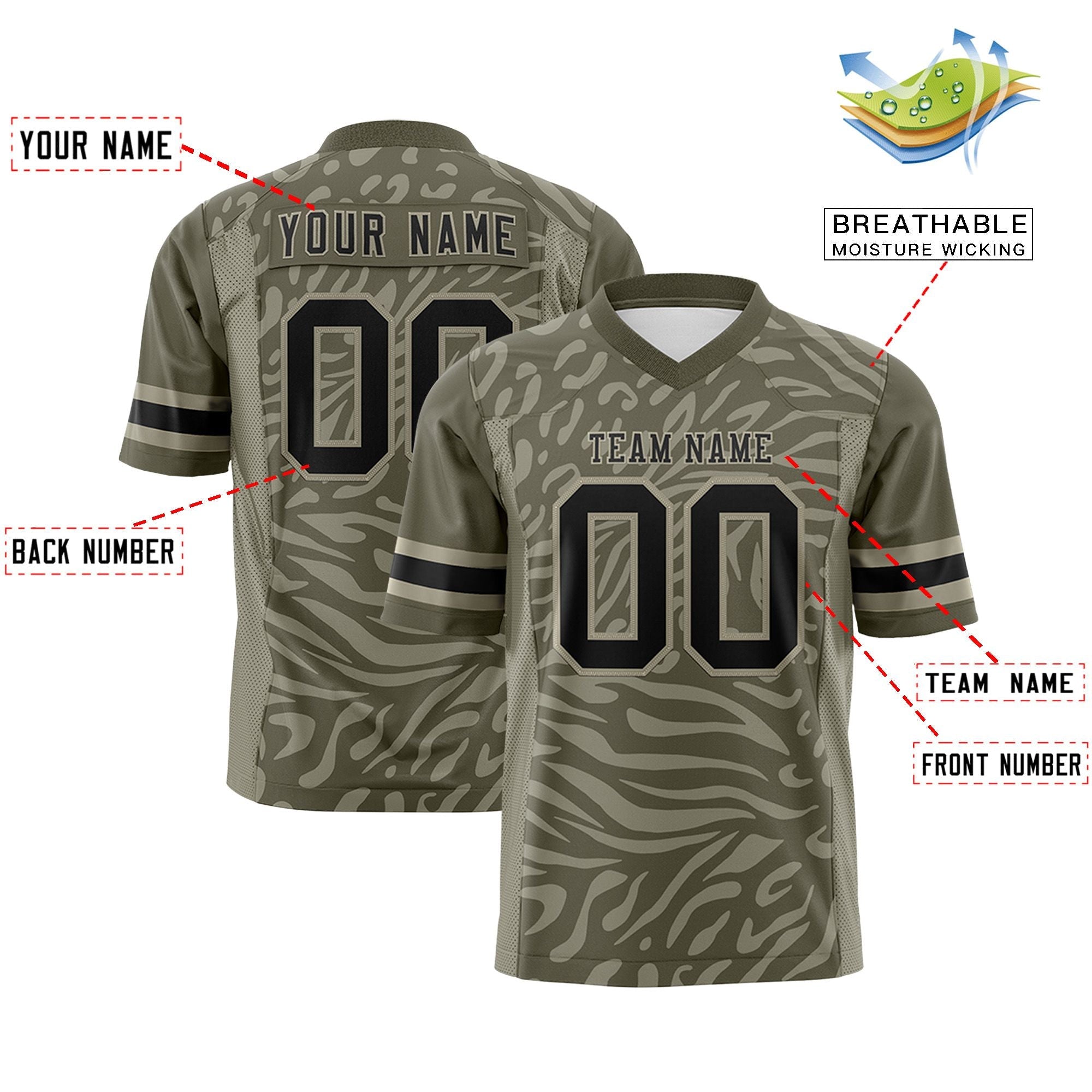 Custom Olive Black-Cream Personalized Zebra Stripes Pattern Authentic Football Jersey