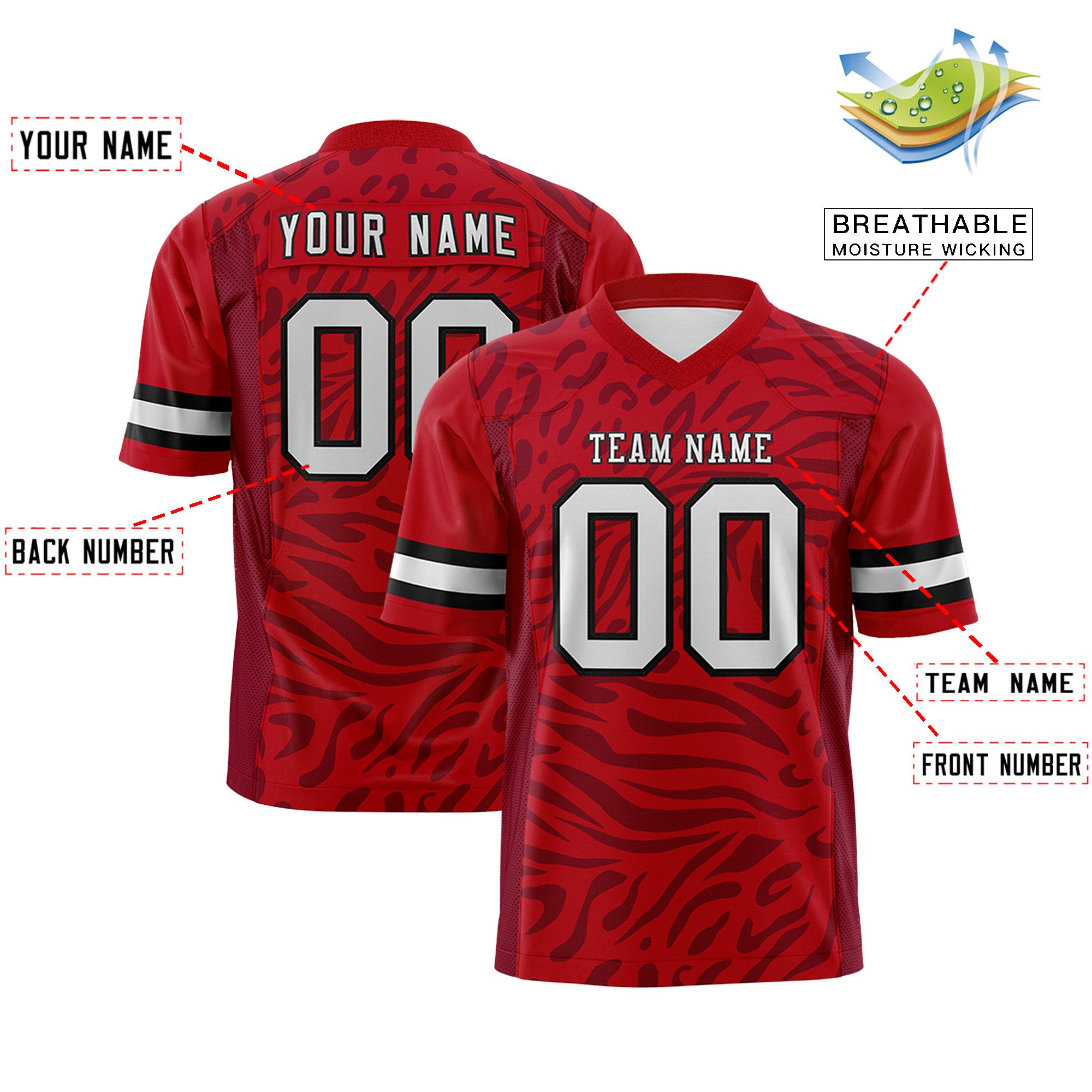 Custom Red Light Gray-Black Personalized Zebra Stripes Pattern Authentic Football Jersey