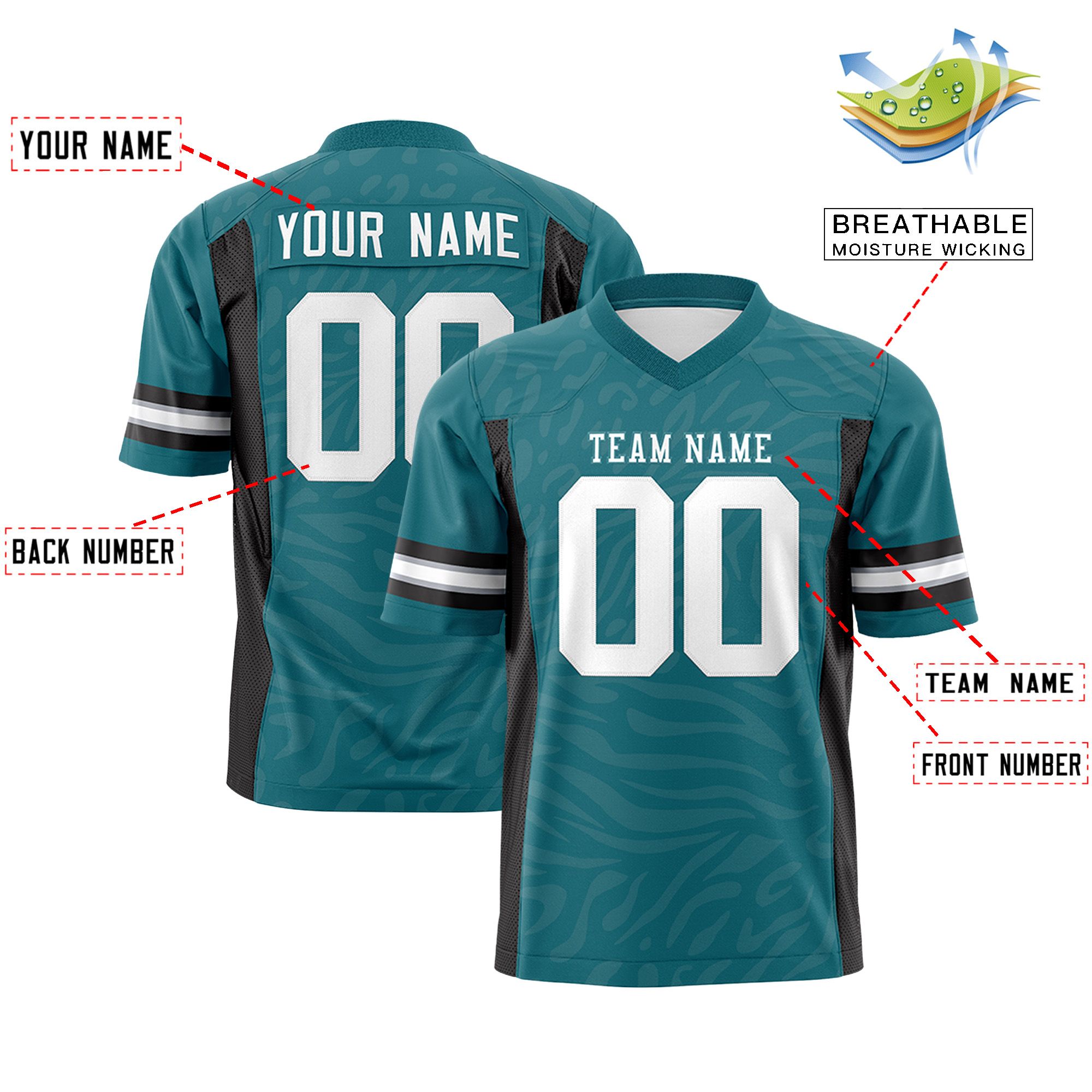 Custom Aqua White Personalized Zebra Stripes Pattern Authentic Football Jersey