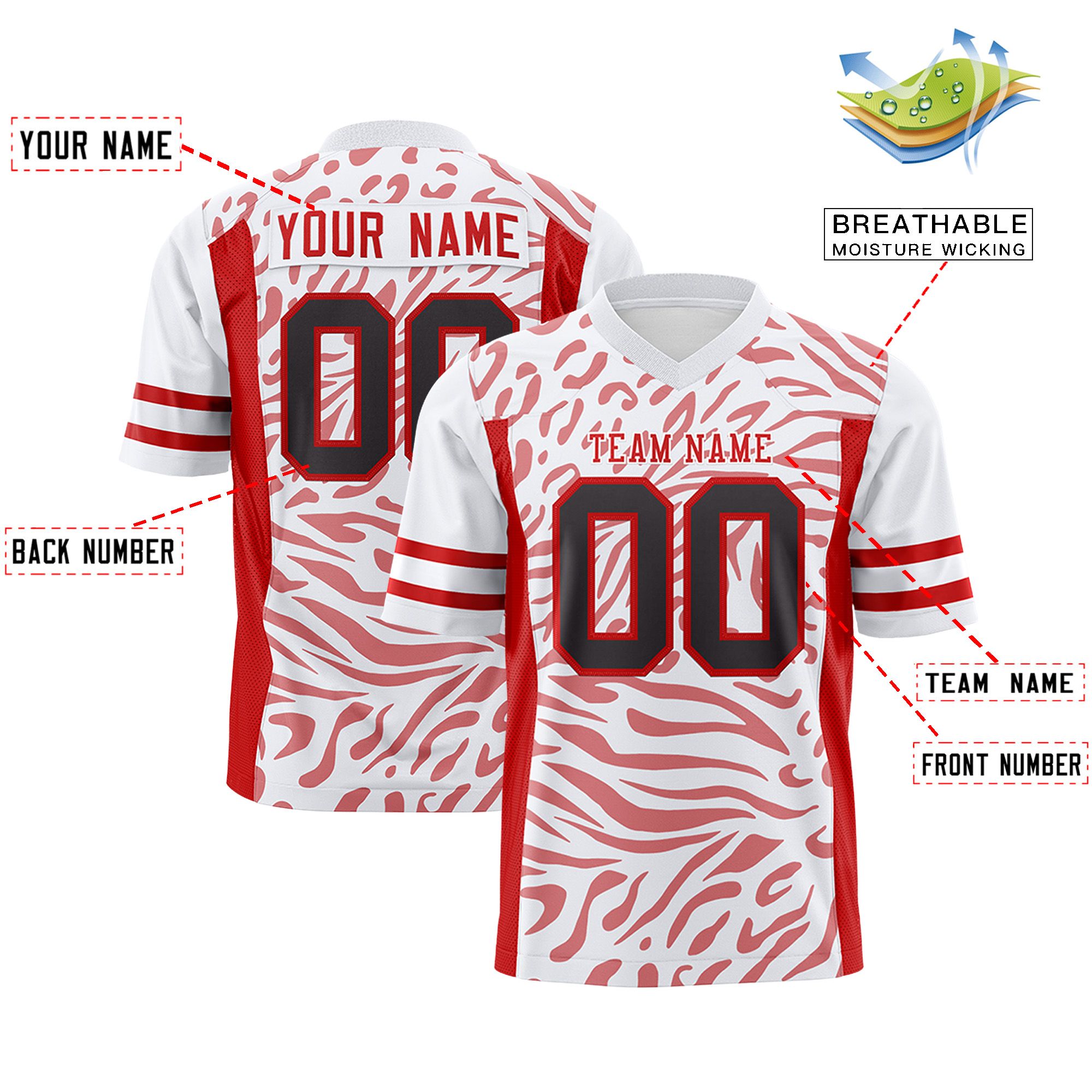 Custom White Red-White Personalized Zebra Stripes Pattern Authentic Football Jersey