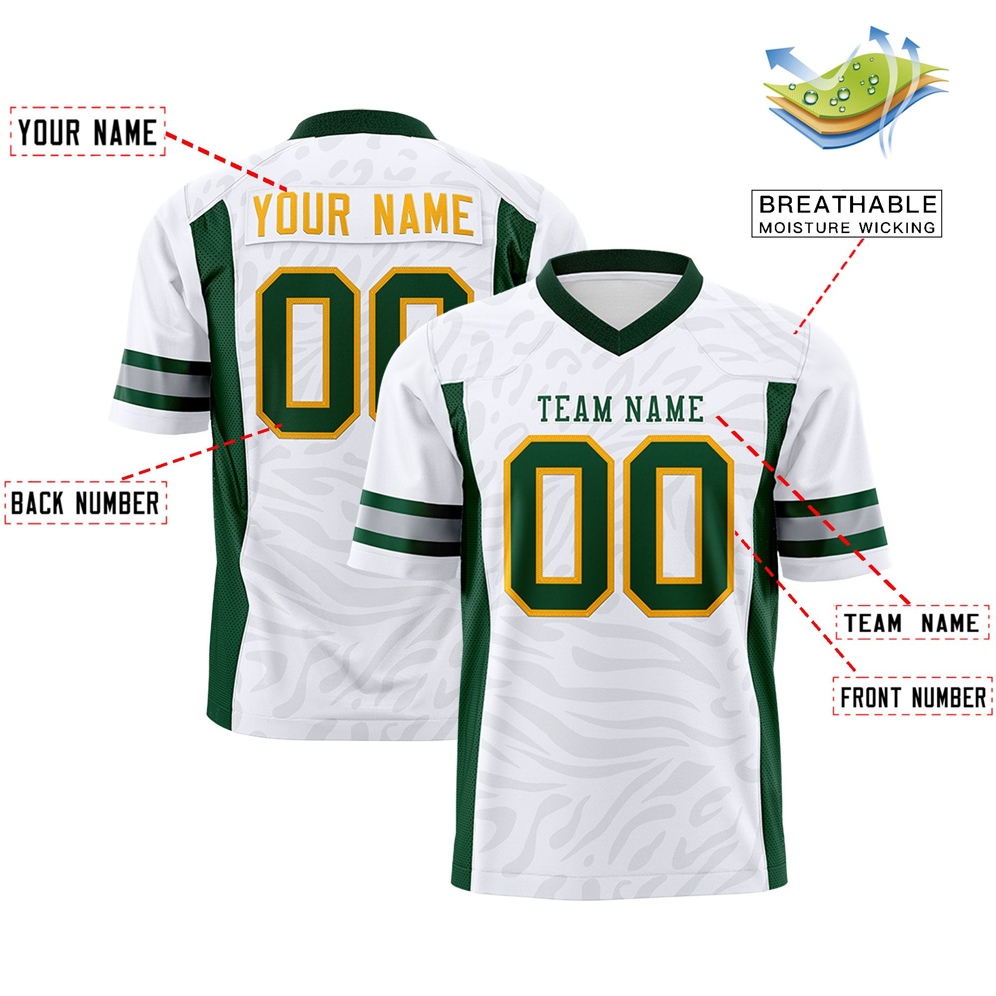 Custom White Green-White Personalized Zebra Stripes Pattern Authentic Football Jersey