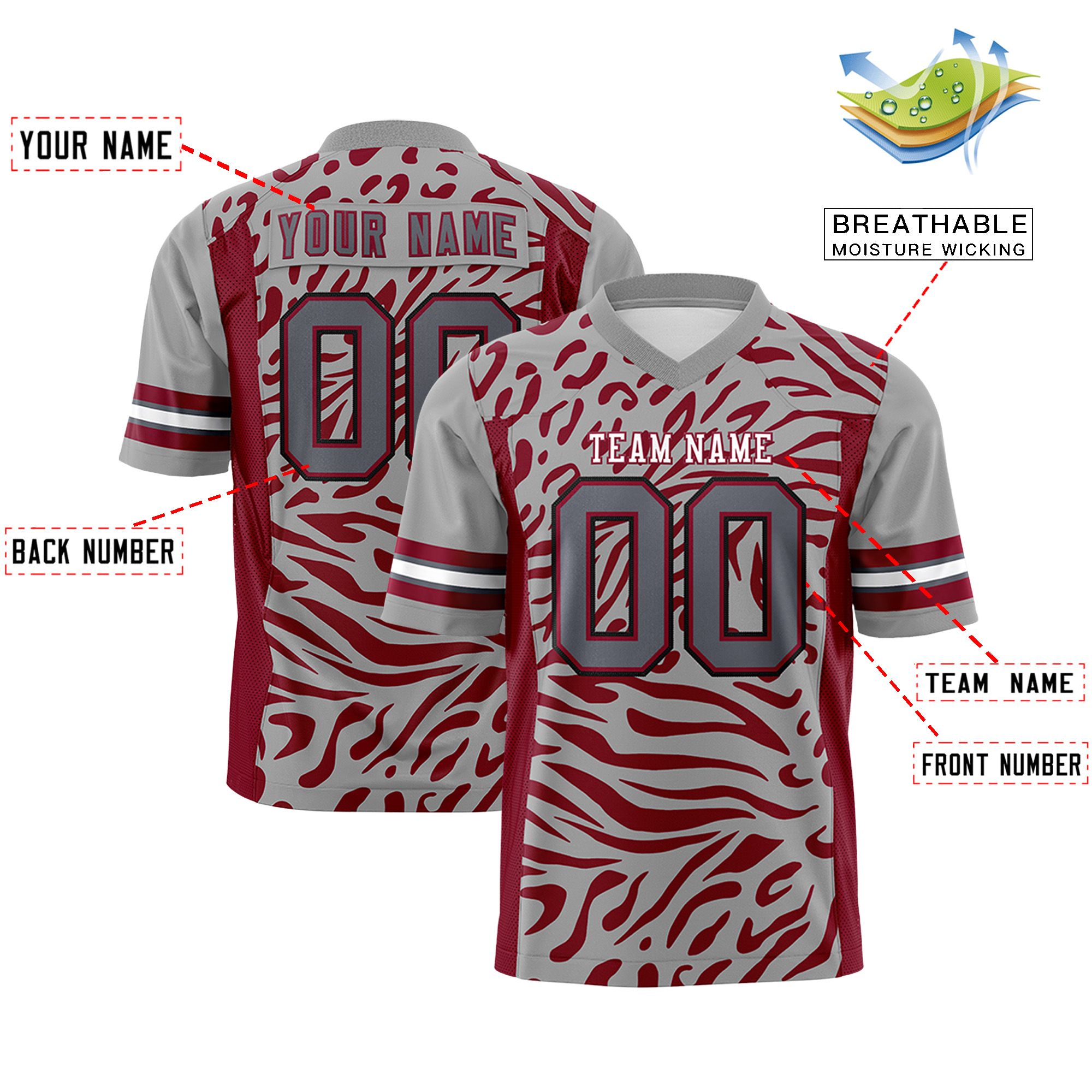 Custom Gray White-Crimson Personalized Zebra Stripes Pattern Authentic Football Jersey