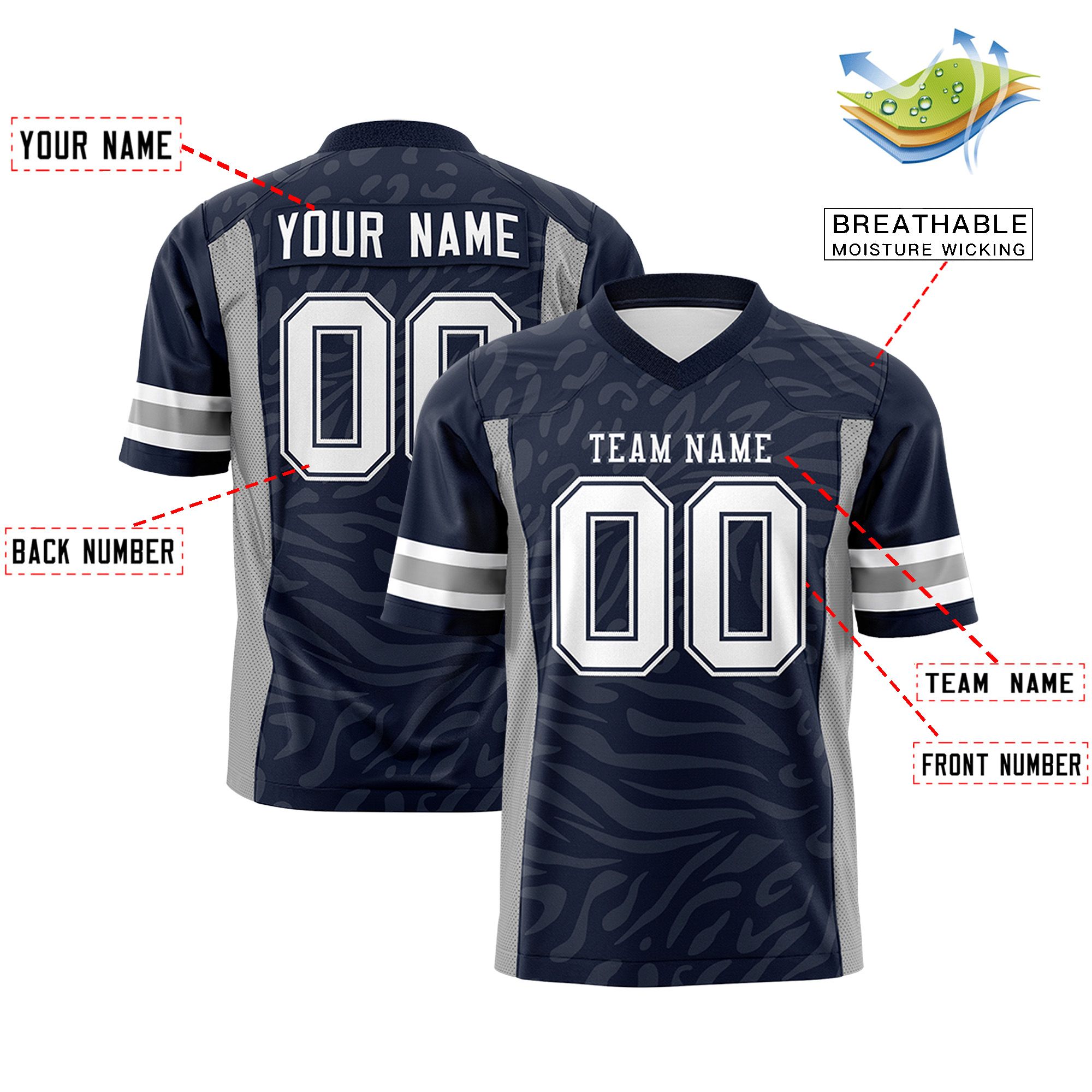 Custom Navy White-Dark Gray Personalized Zebra Stripes Pattern Authentic Football Jersey