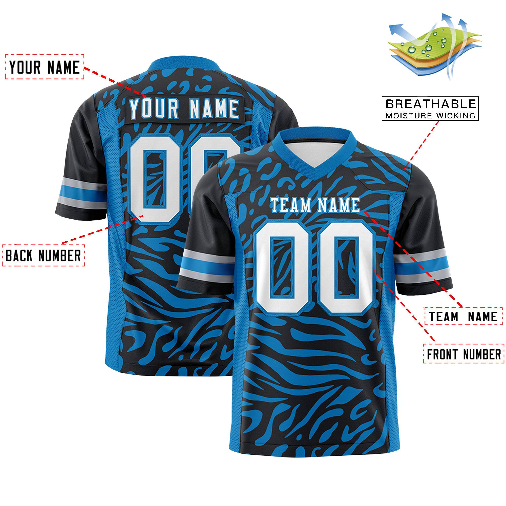 Custom Black Powder Blue Personalized Zebra Stripes Pattern Authentic Football Jersey