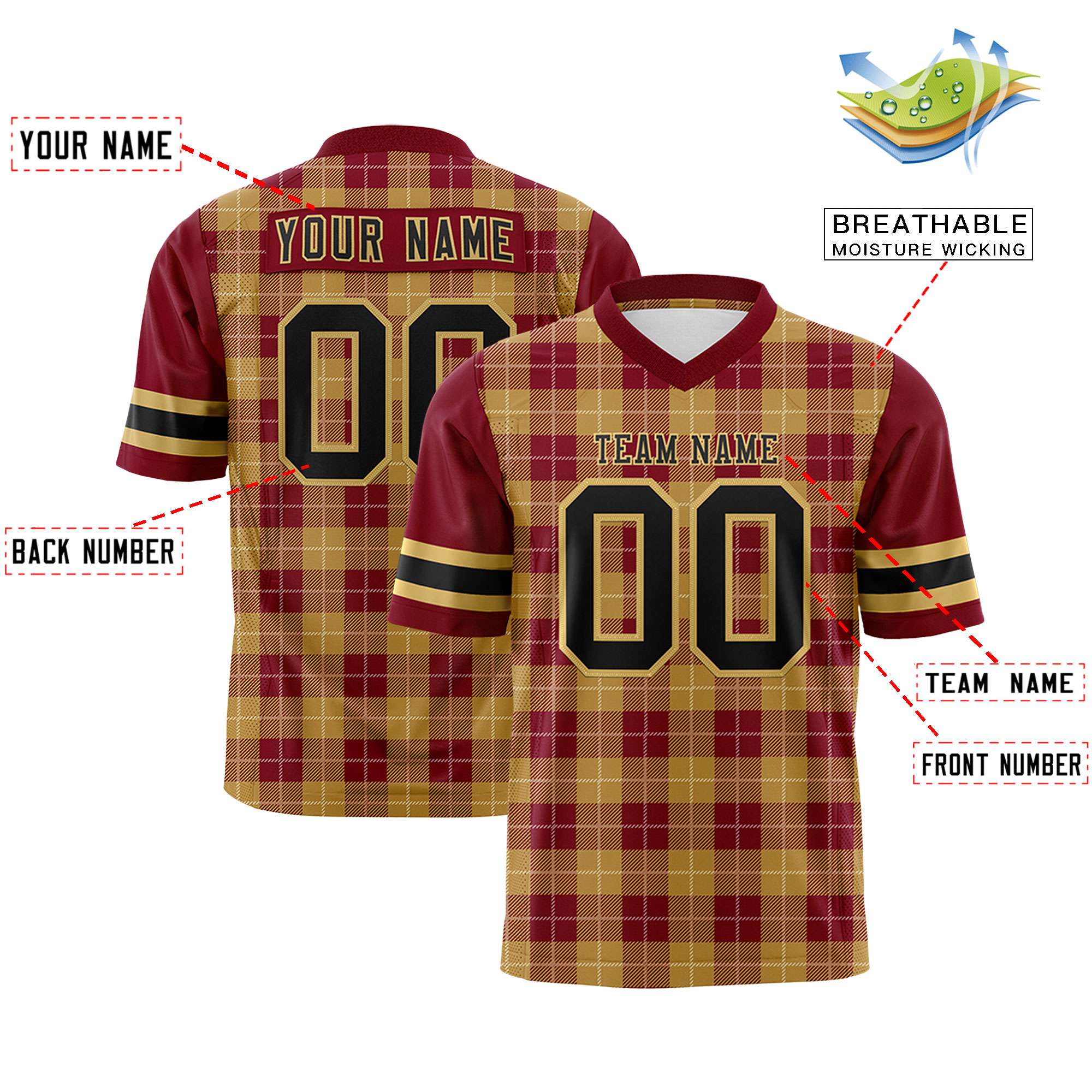 Custom Khaki Red Personalized Plaid Pattern Design Authentic Football Jersey