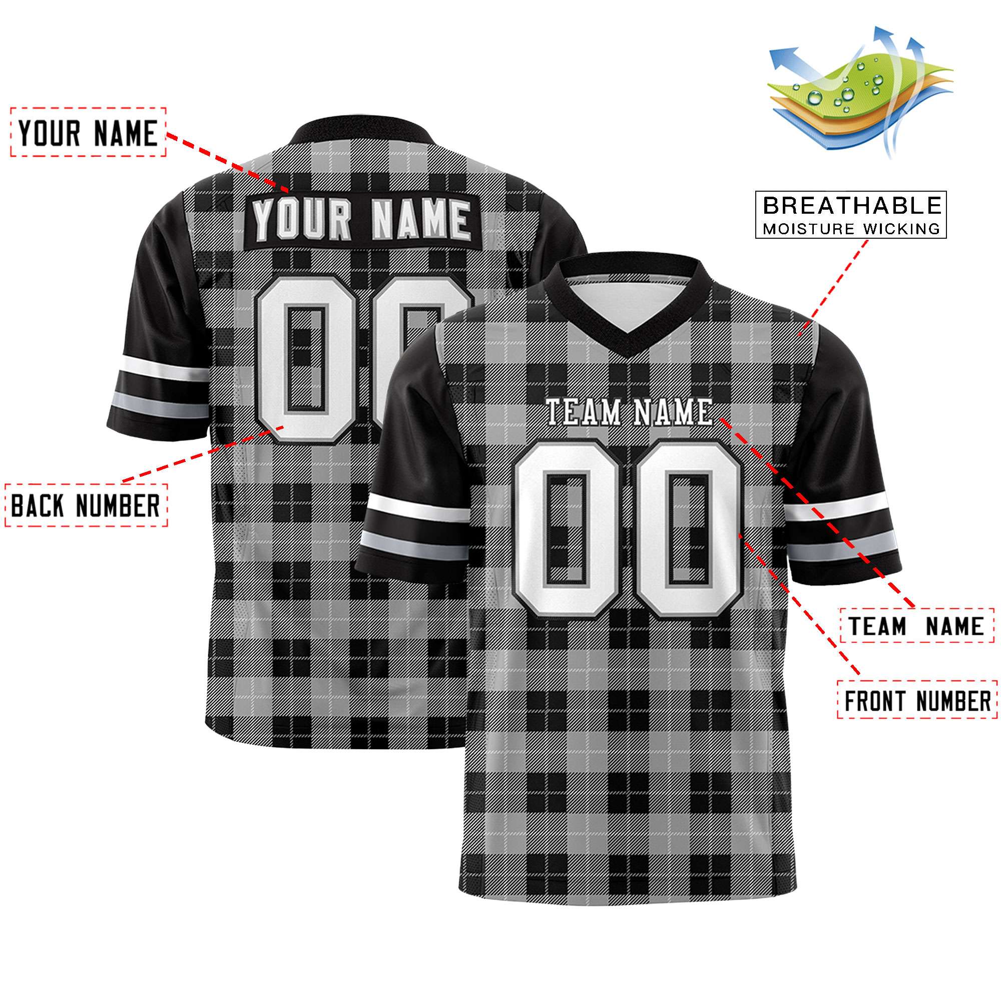 Custom Gray Black Personalized Plaid Pattern Design Authentic Football Jersey