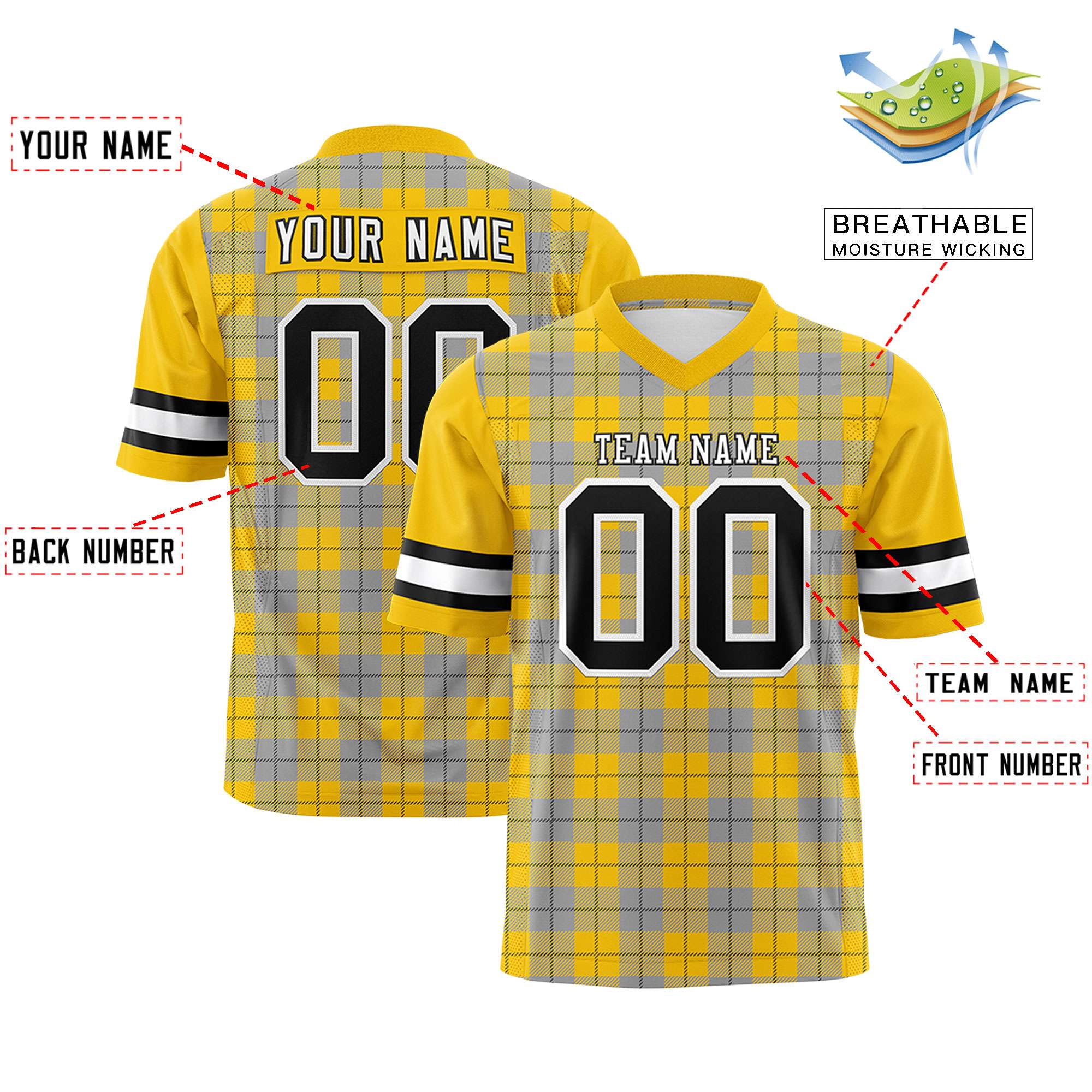 Custom Gold Gray Personalized Plaid Pattern Design Authentic Football Jersey