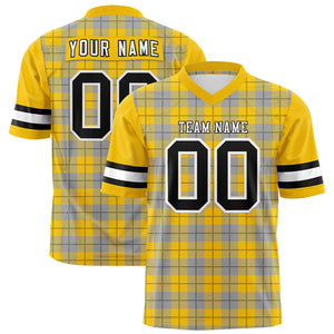 Custom Gold Gray Personalized Plaid Pattern Design Authentic Football Jersey