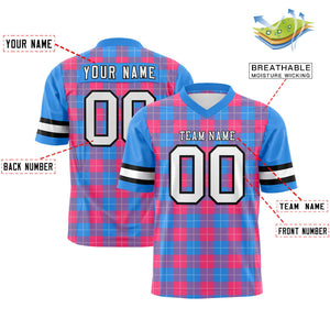 Custom Powder Blue Pink Personalized Plaid Pattern Design Authentic Football Jersey