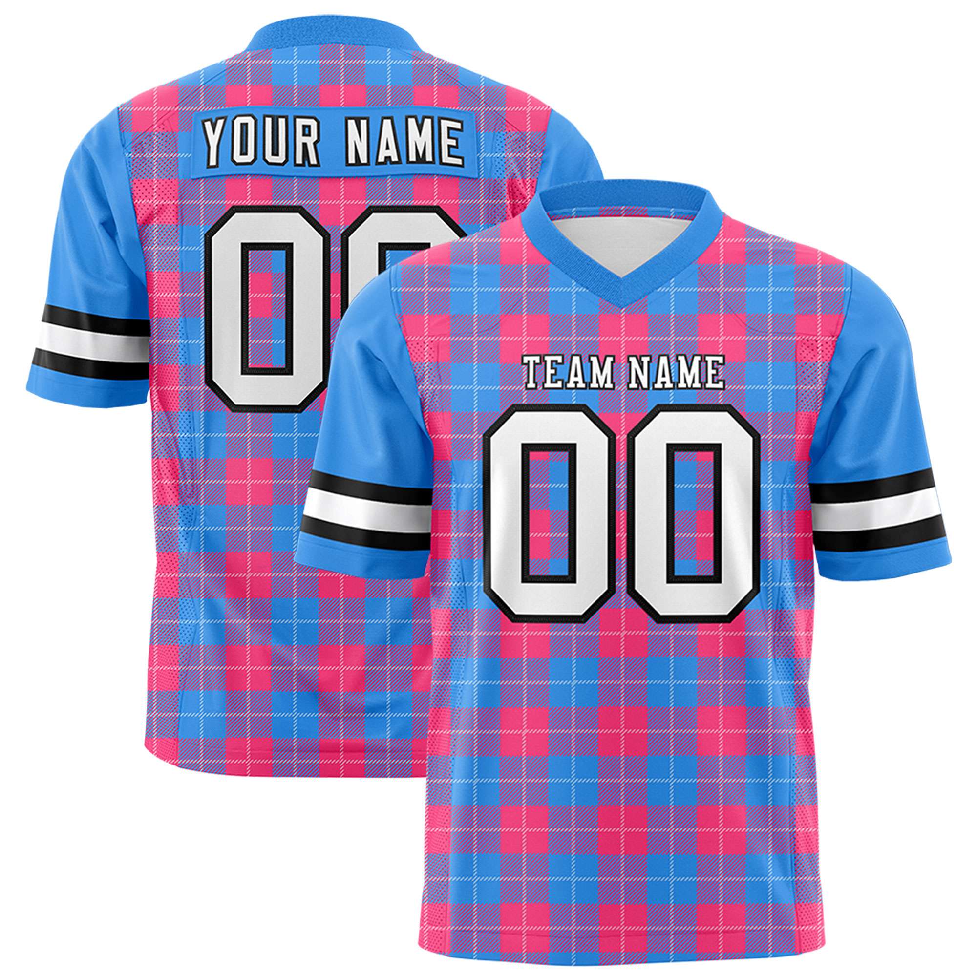 Custom Powder Blue Pink Personalized Plaid Pattern Design Authentic Football Jersey