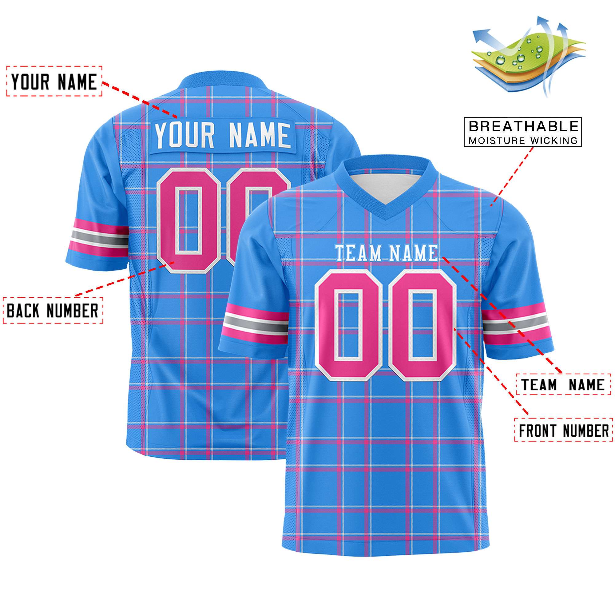 Custom Powder Blue Personalized Plaid Pattern Design Authentic Football Jersey